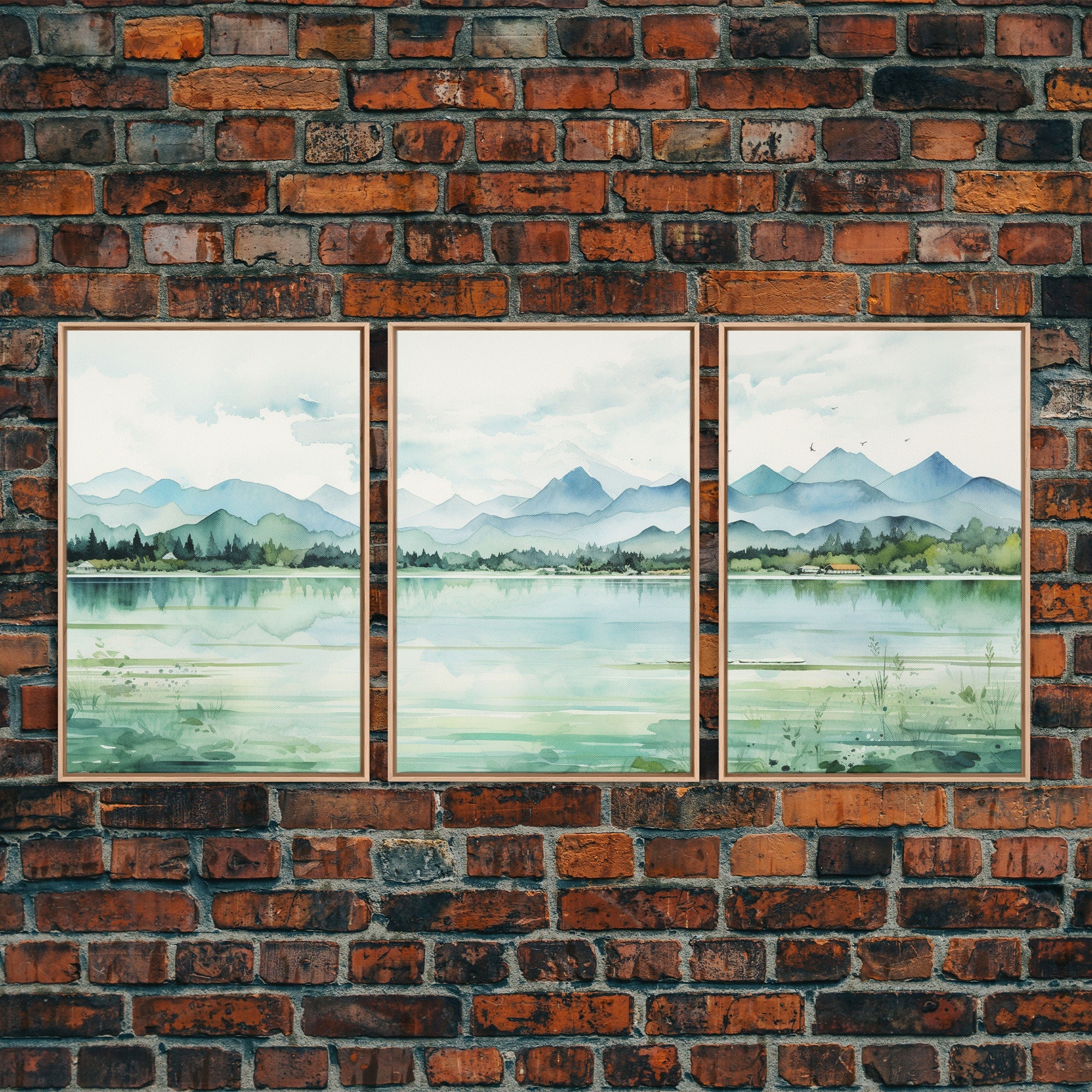 Mint Green Forest Mountain Landscape – 3-Piece Canvas Wall Art | NuevArt