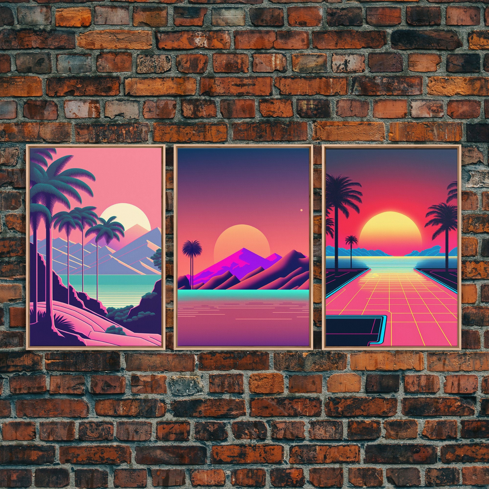 Retro 80s Synthwave Vaporwave – 3-Panel Canvas Wall Art | NuevArt