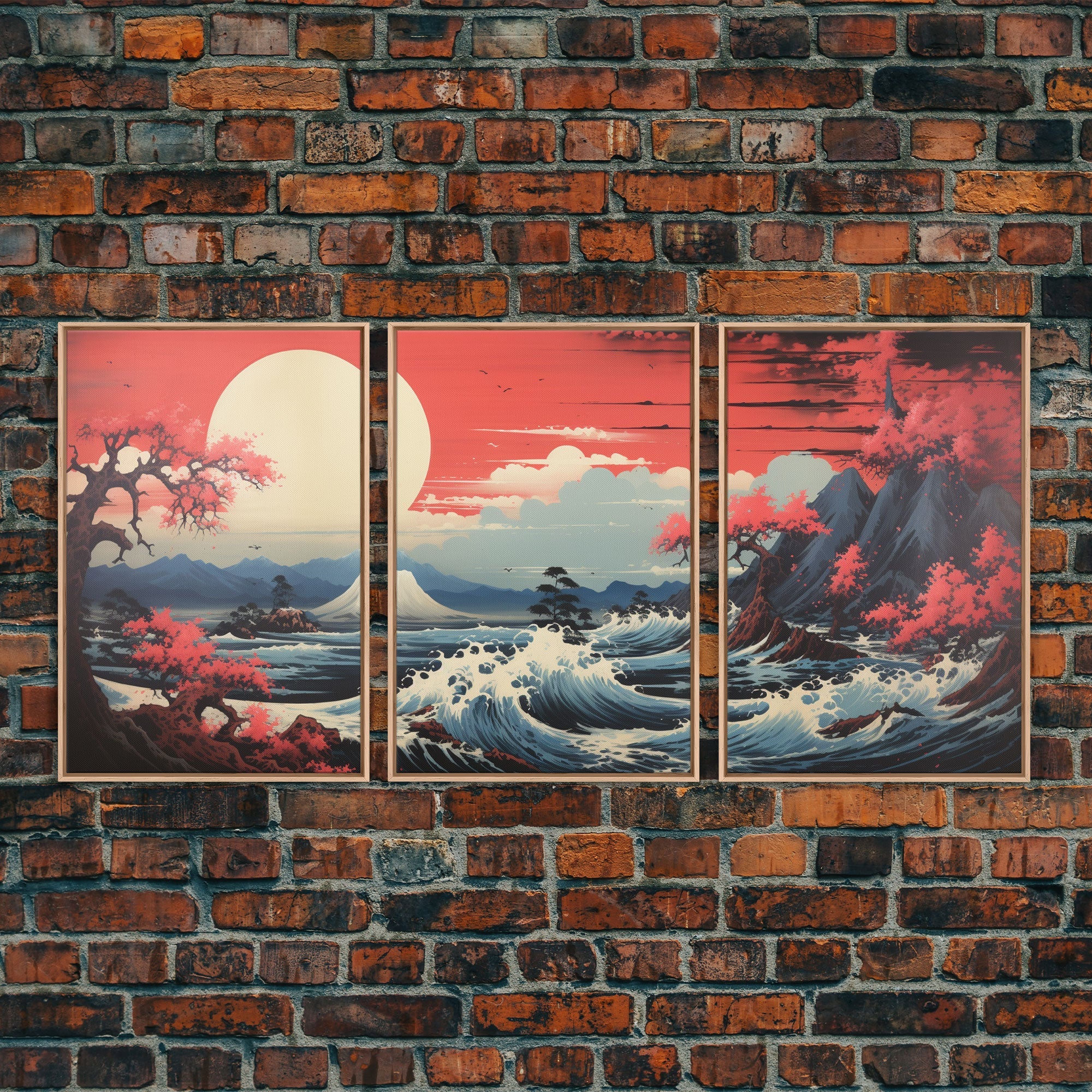 Japanese Ukiyo-e Mountains Sunset – 3-Piece Canvas Wall Art | NuevArt