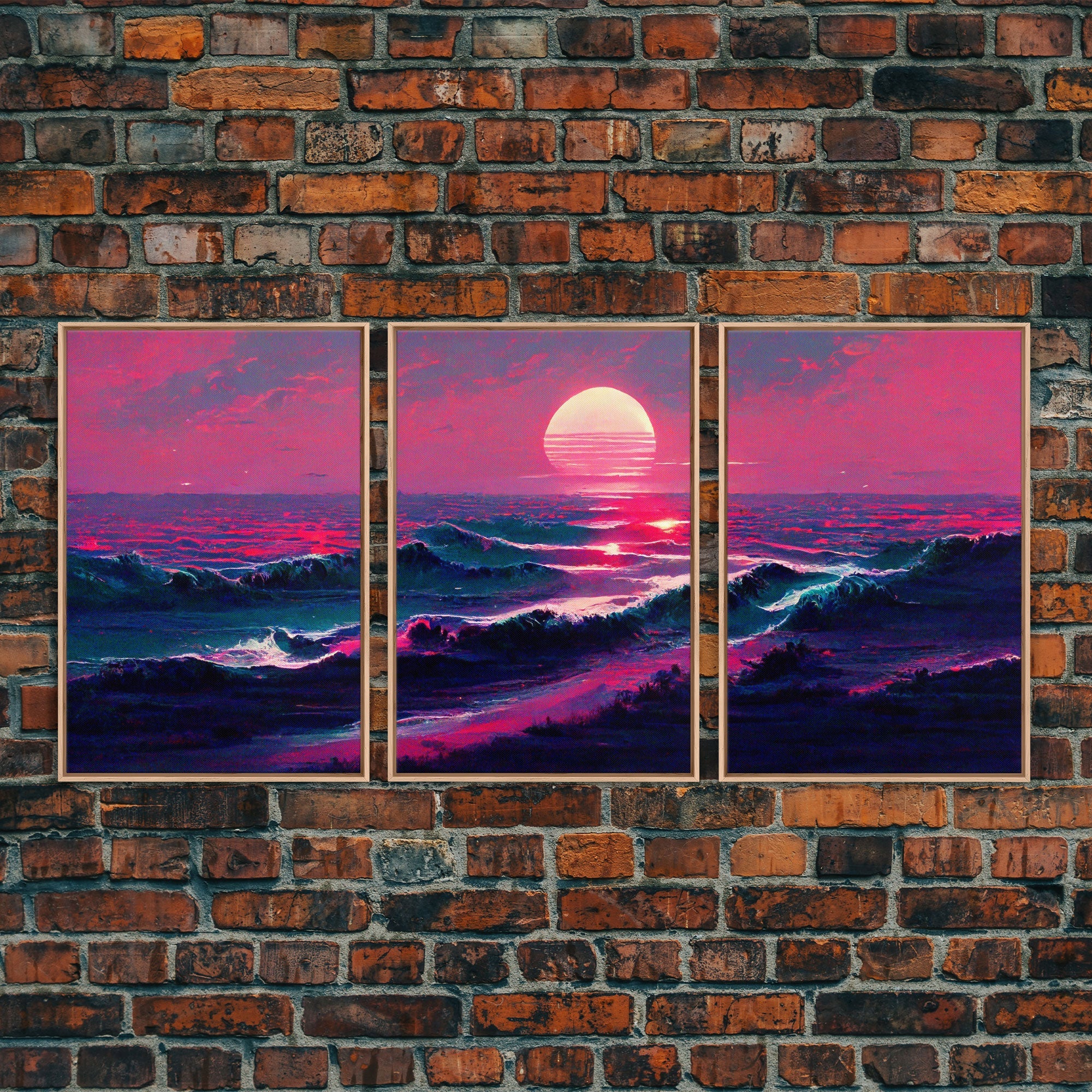 Outrun Synthwave Sunset Ocean Waves – 3-Piece Canvas Wall Art | NuevArt
