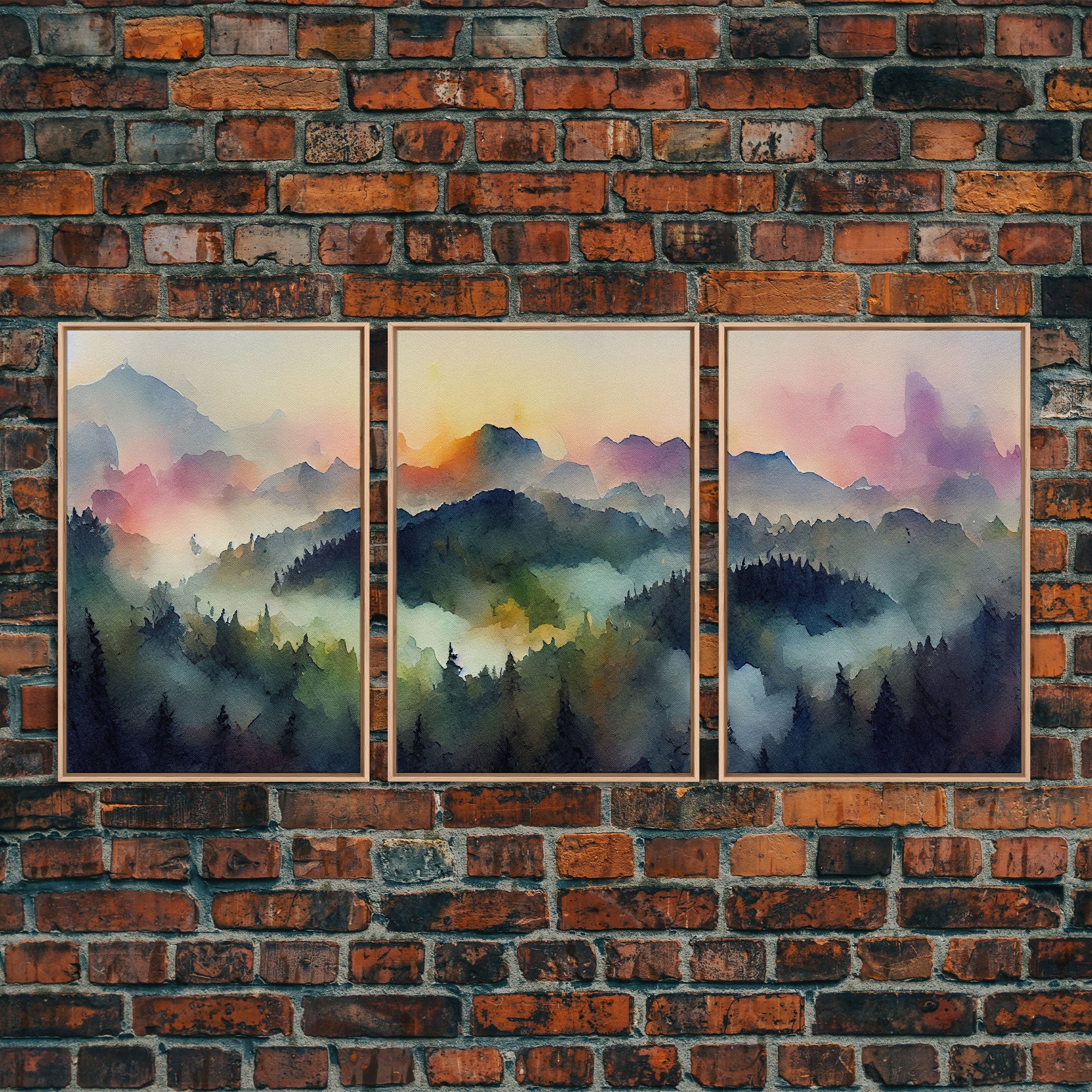 Dramatic Watercolor Sunset Landscape – 3-Piece Canvas Wall Art | NuevArt