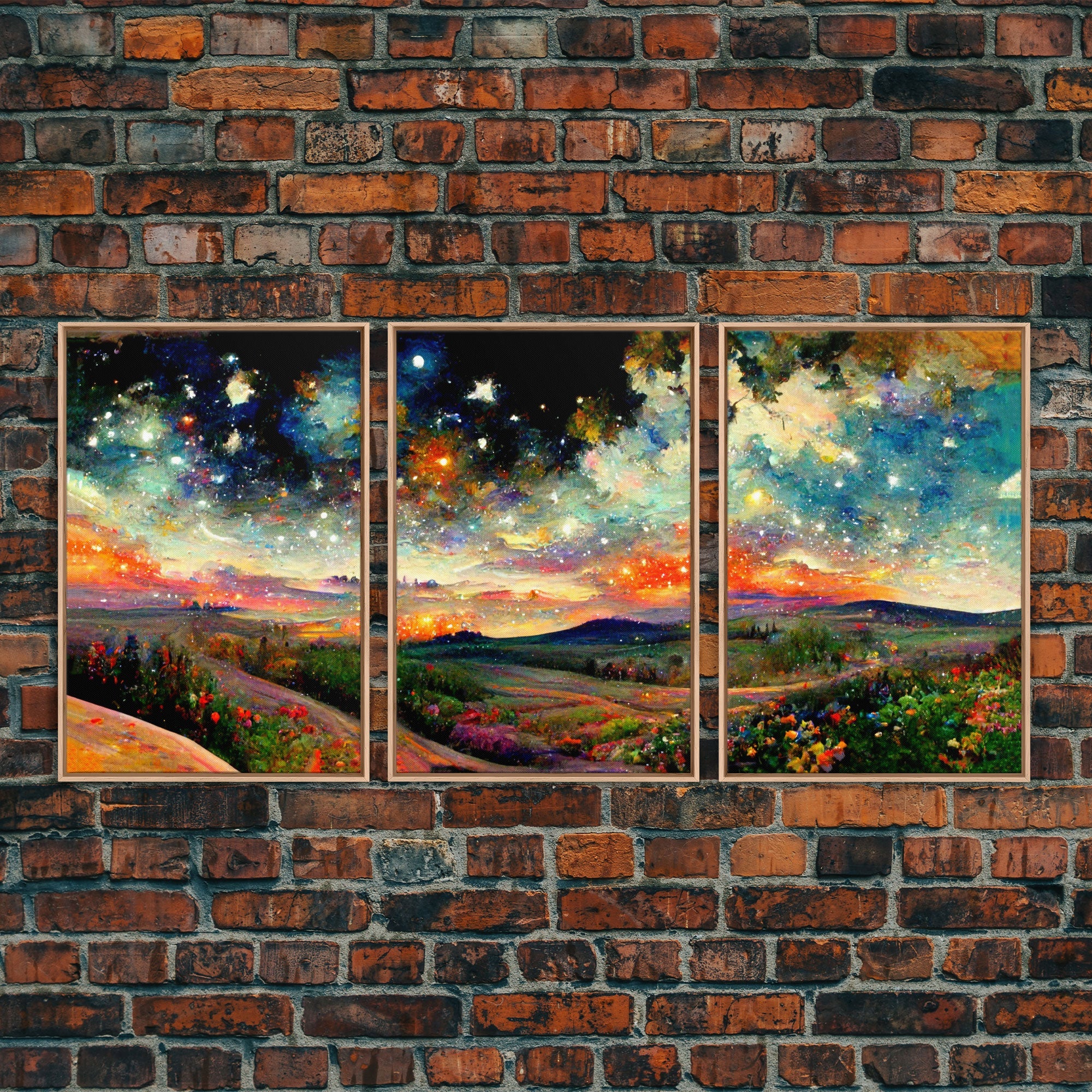Colorful Night Starry Sky Landscape – 3-Piece Canvas Wall Art | NuevArt