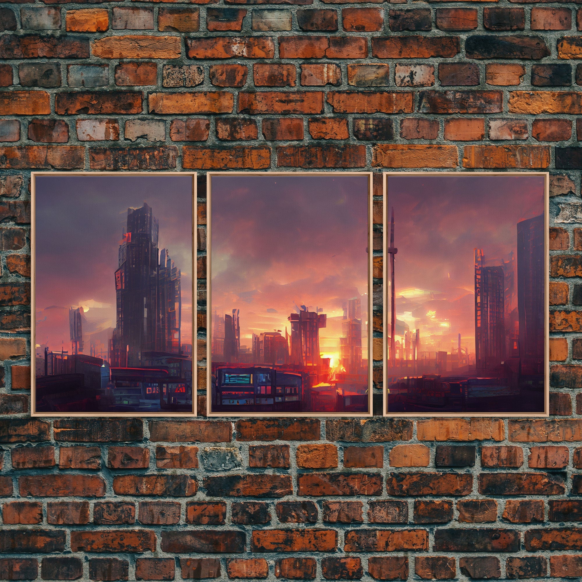 Cyberpunk City Night Watercolor – 3-Piece Canvas Wall Art | NuevArt