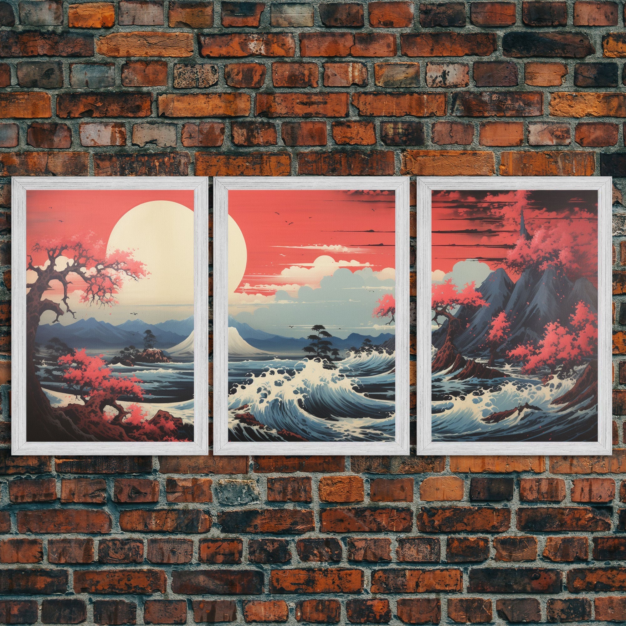 Japanese Ukiyo-e Mountains Sunset – 3-Piece Canvas Wall Art | NuevArt