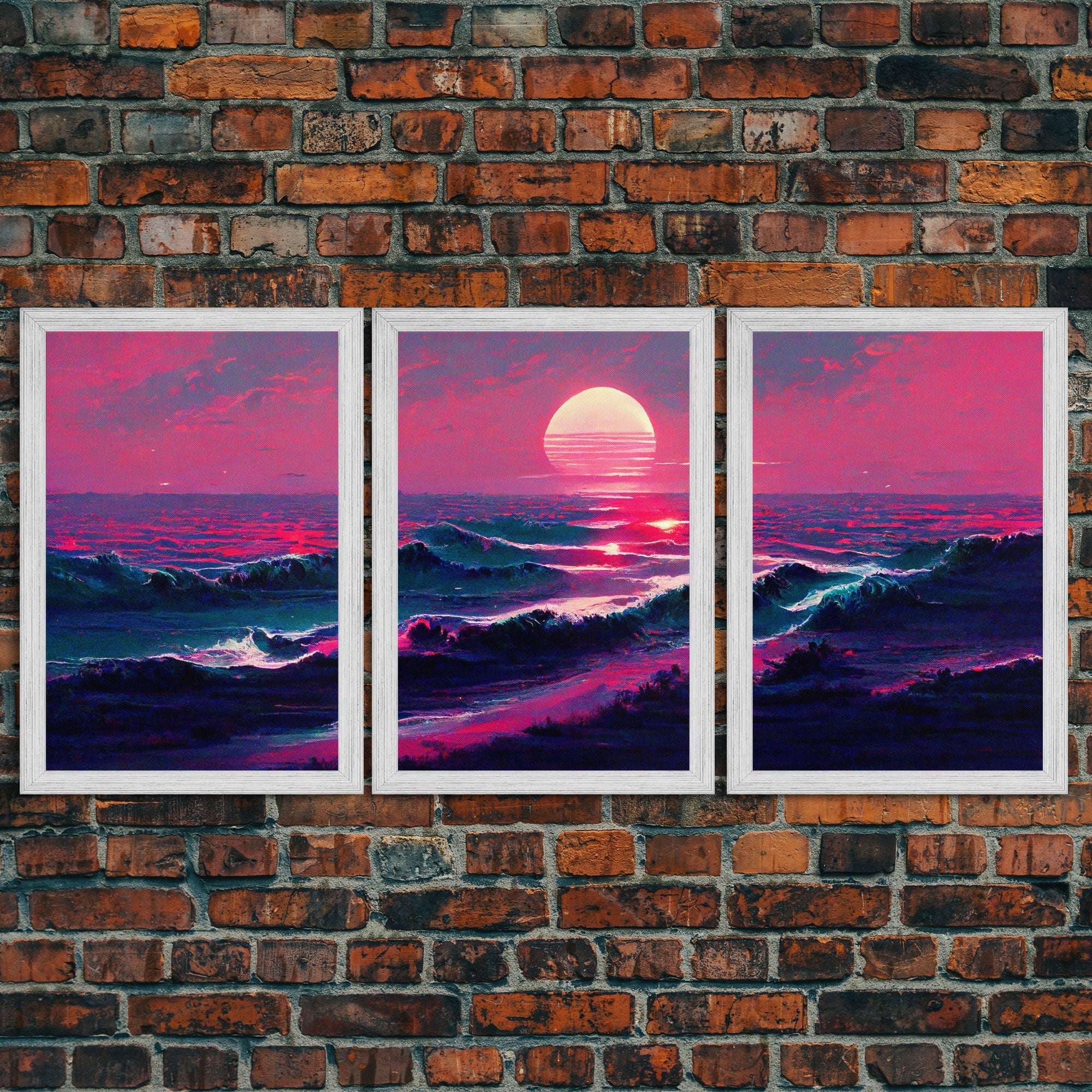 Outrun Synthwave Sunset Ocean Waves – 3-Piece Canvas Wall Art | NuevArt