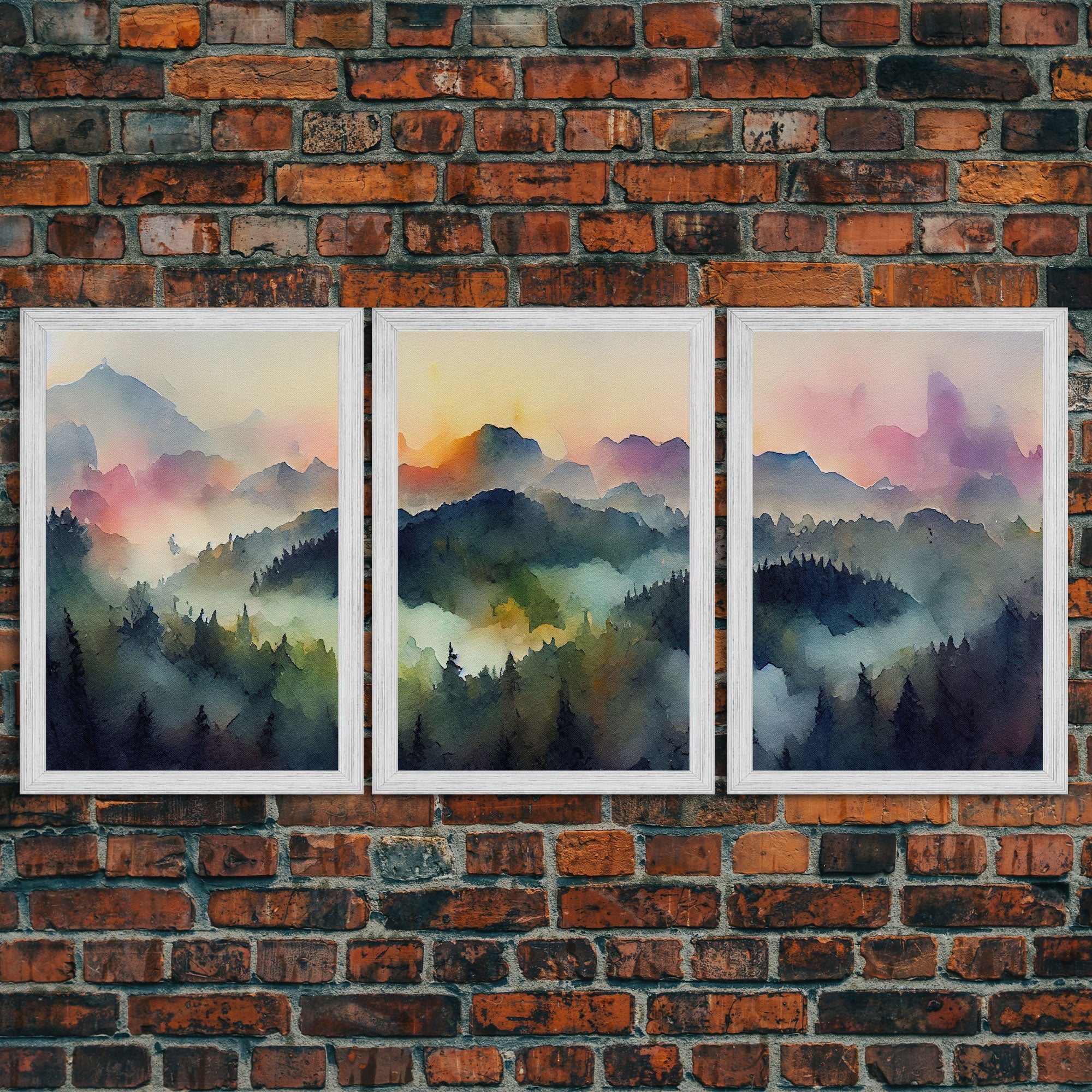Dramatic Watercolor Sunset Landscape – 3-Piece Canvas Wall Art | NuevArt