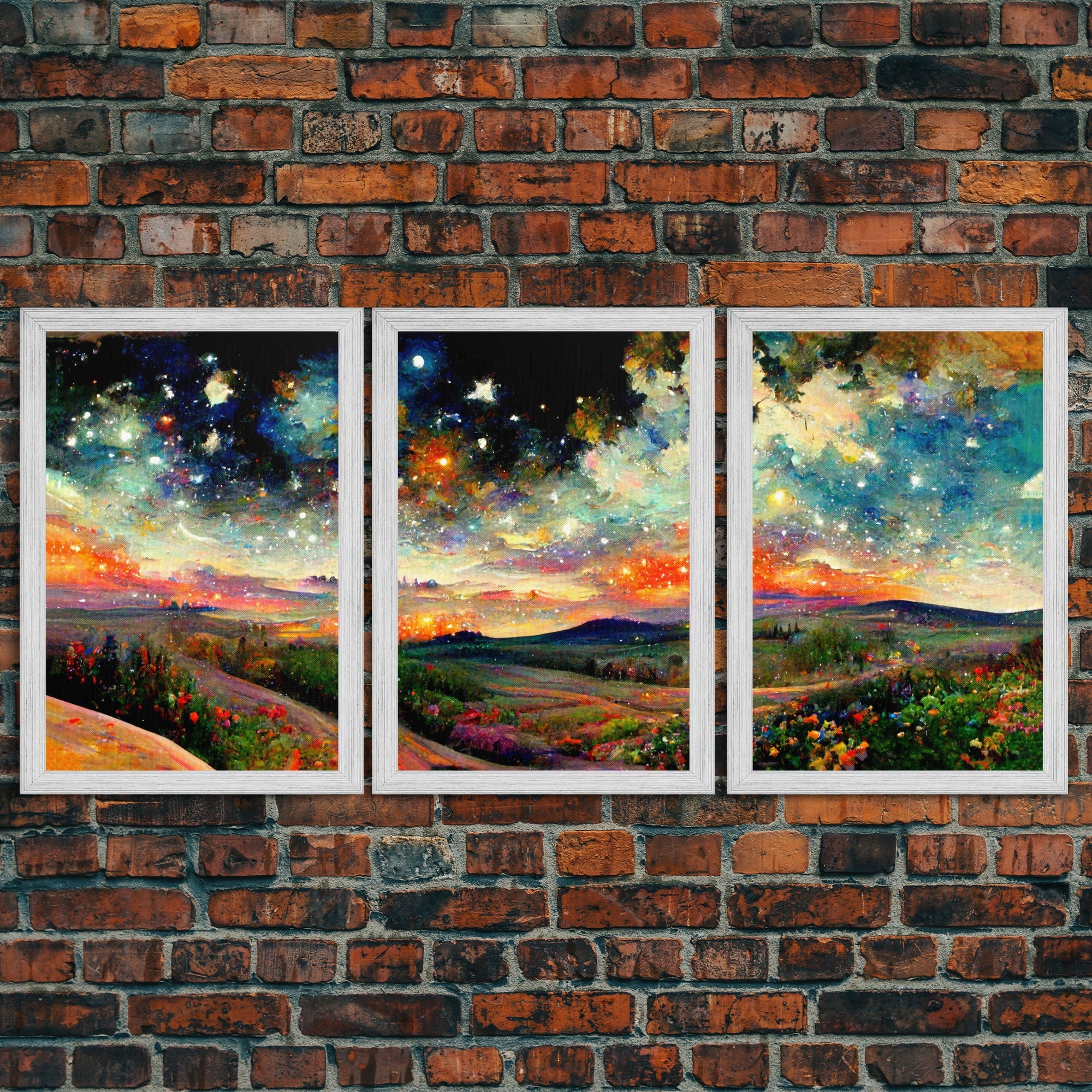 Colorful Night Starry Sky Landscape – 3-Piece Canvas Wall Art | NuevArt