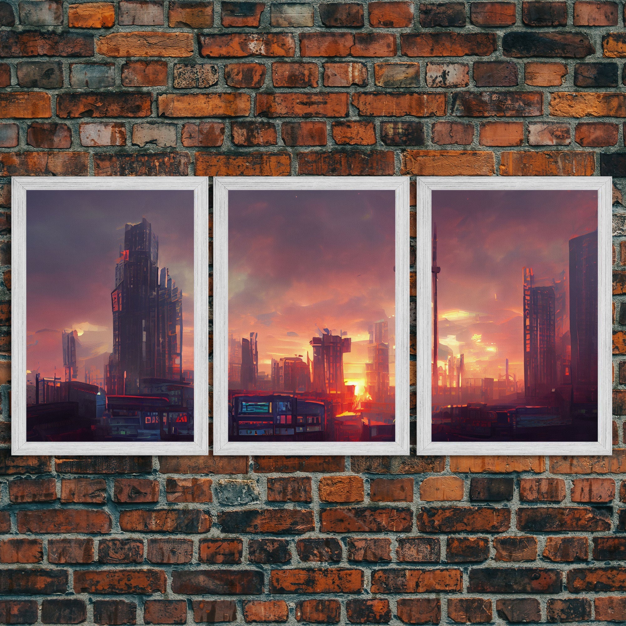 Cyberpunk City Night Watercolor – 3-Piece Canvas Wall Art | NuevArt
