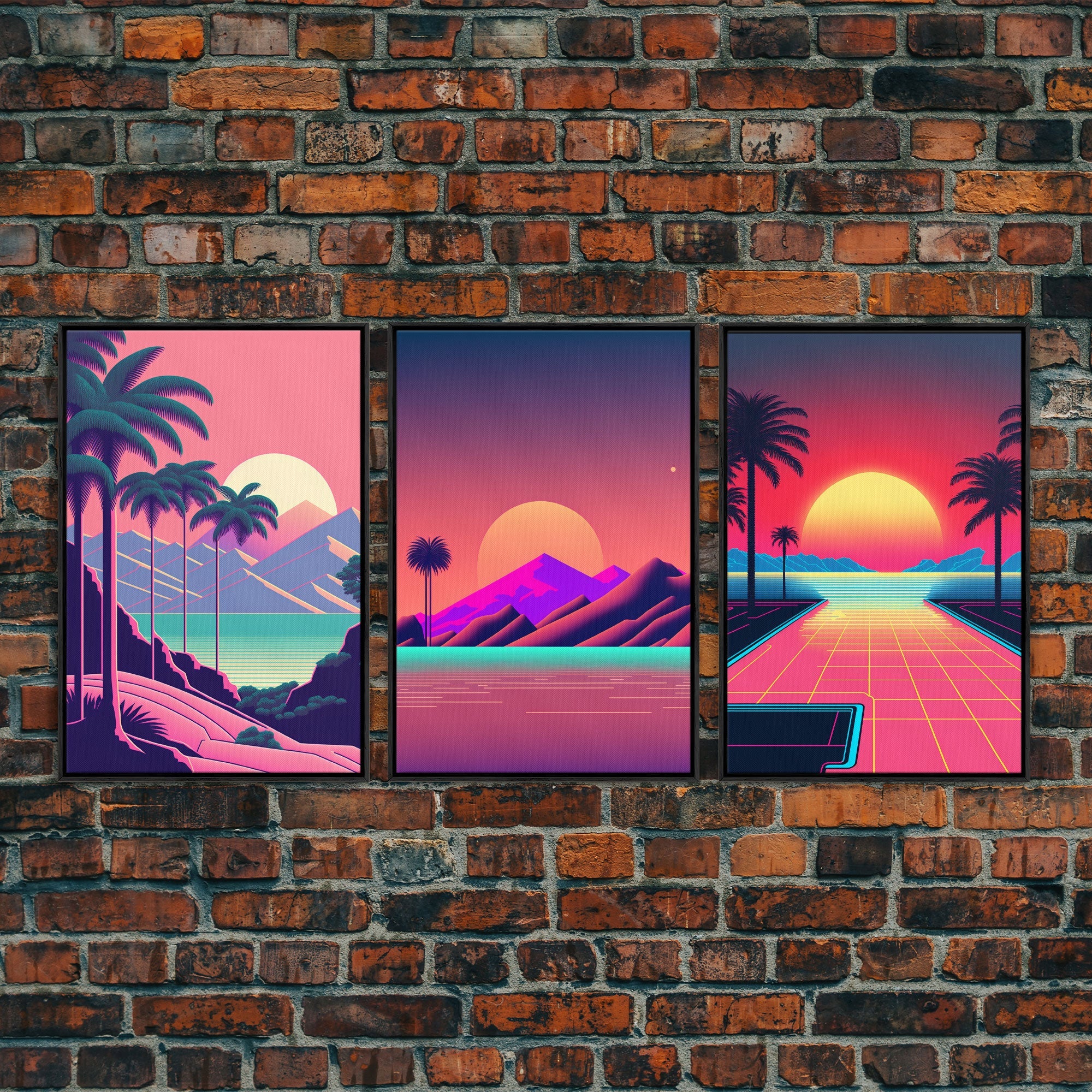 Retro 80s Synthwave Vaporwave – 3-Panel Canvas Wall Art | NuevArt