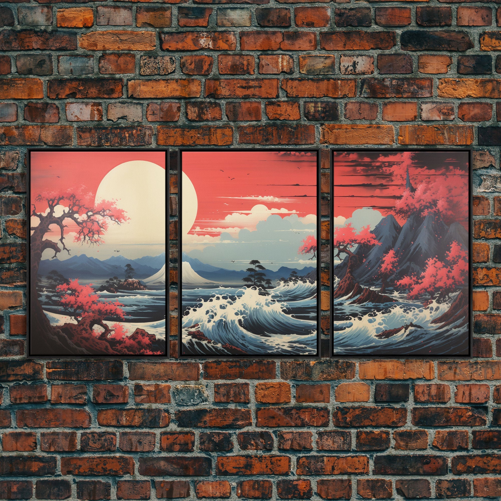 Japanese Ukiyo-e Mountains Sunset – 3-Piece Canvas Wall Art | NuevArt