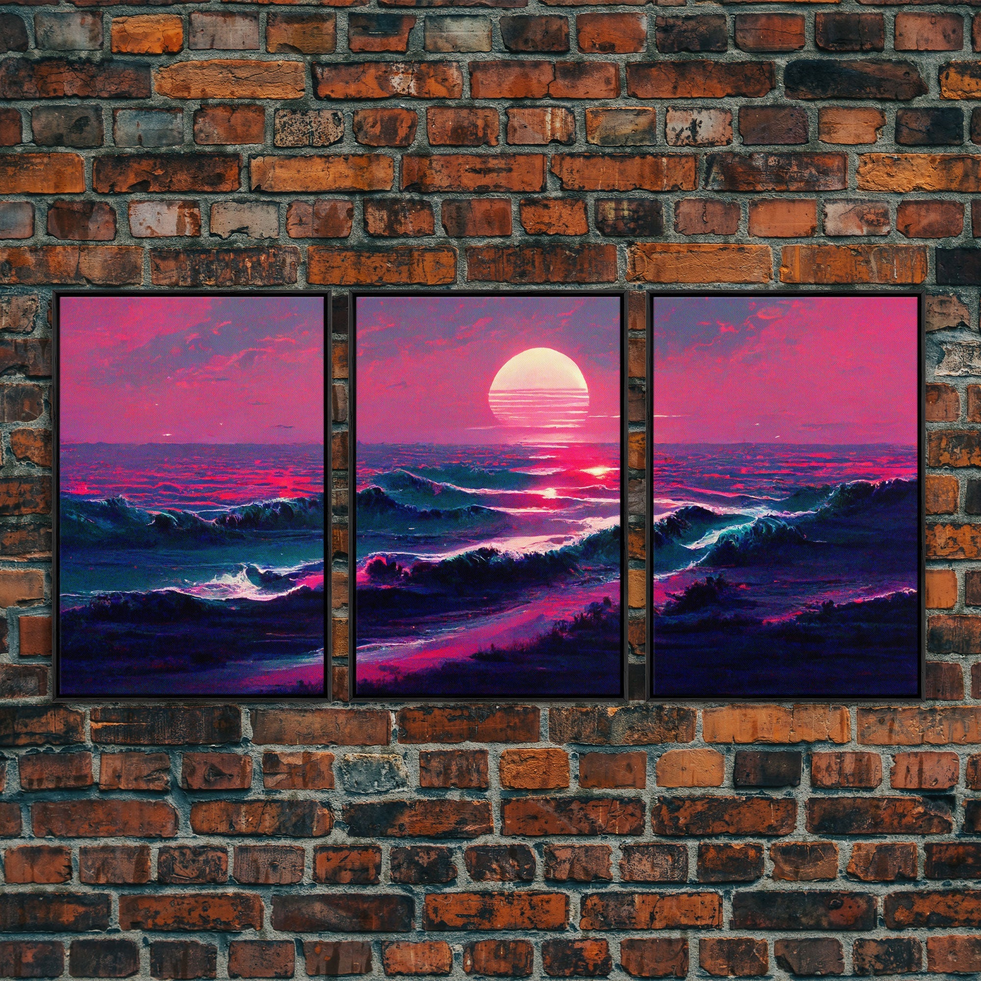 Outrun Synthwave Sunset Ocean Waves – 3-Piece Canvas Wall Art | NuevArt