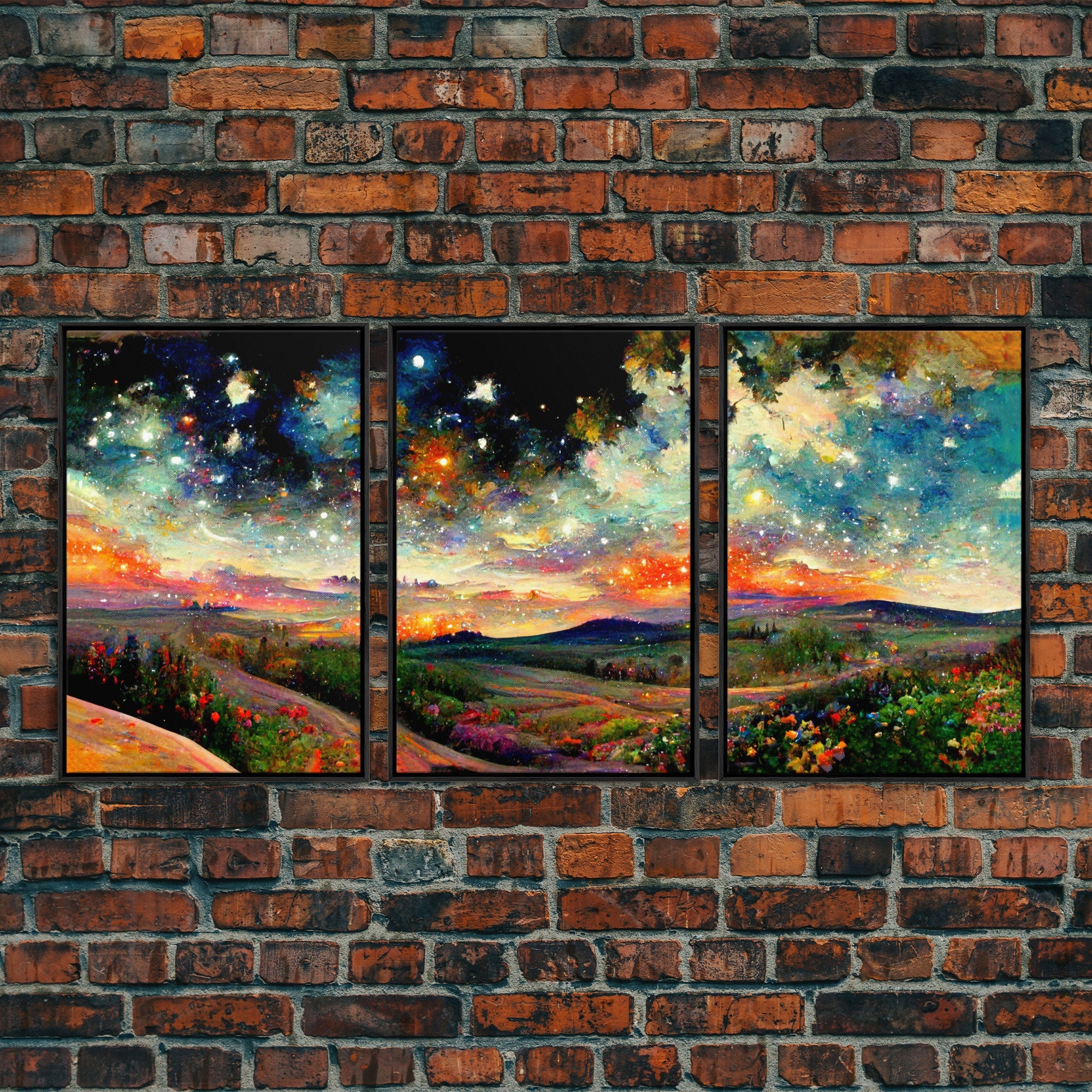Colorful Night Starry Sky Landscape – 3-Piece Canvas Wall Art | NuevArt