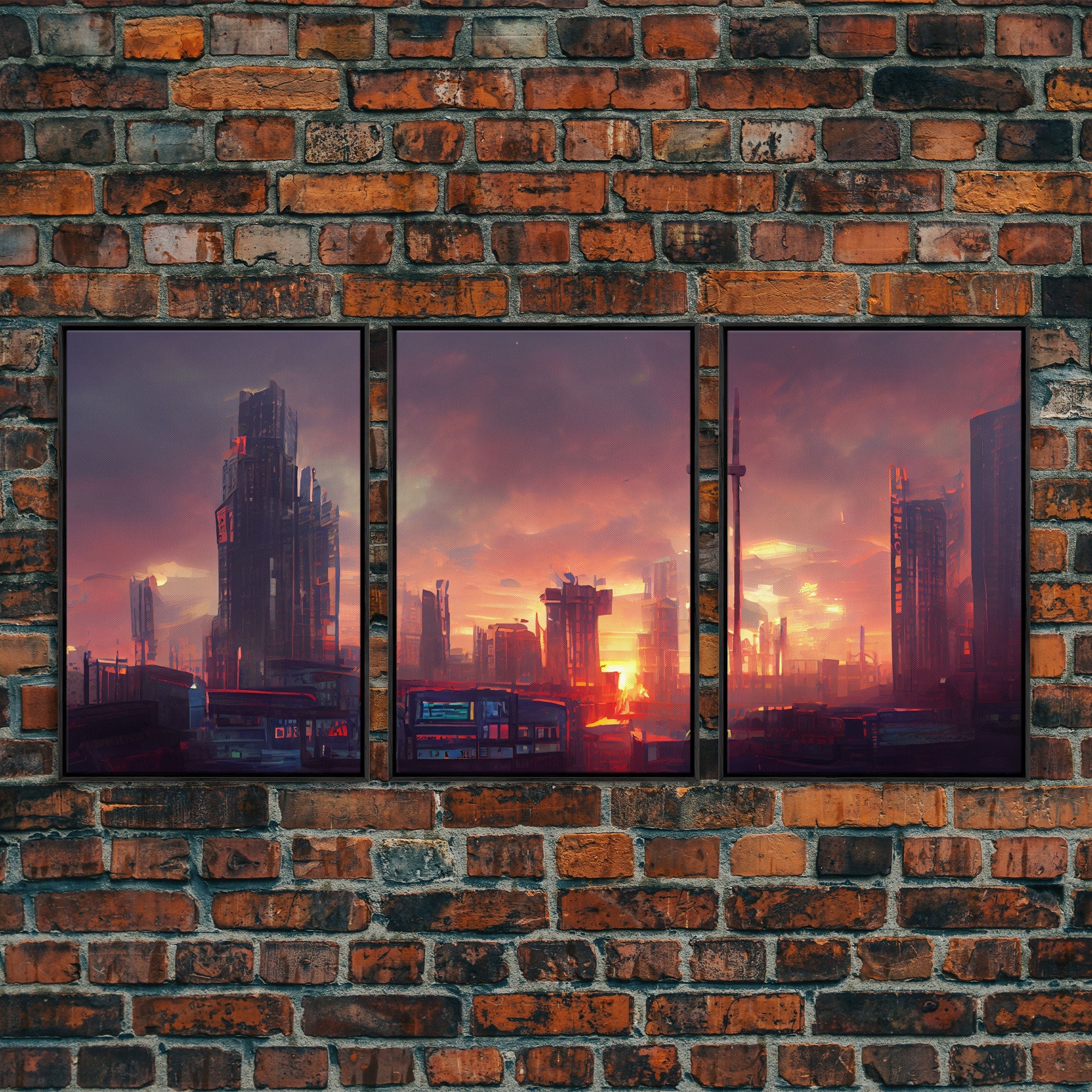 Cyberpunk City Night Watercolor – 3-Piece Canvas Wall Art | NuevArt