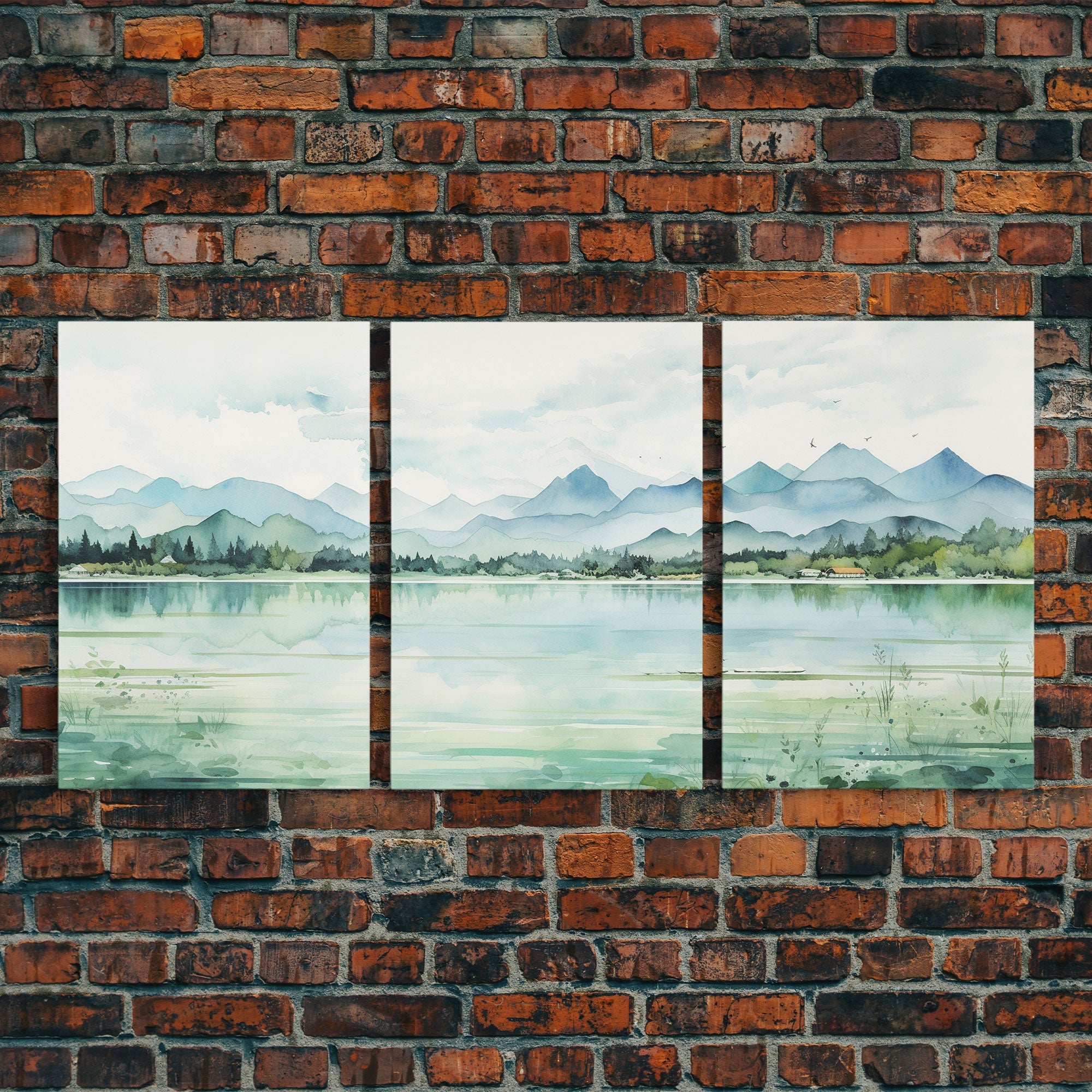 Mint Green Forest Mountain Landscape – 3-Piece Canvas Wall Art | NuevArt