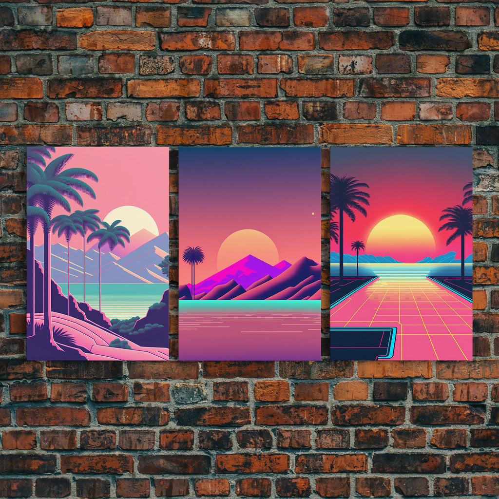 Retro 80s Synthwave Vaporwave – 3-Panel Canvas Wall Art | NuevArt