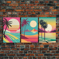 Turquoise Retro Beach Art – Palm Trees & Sunset 3-Panel Canvas | NuevArt