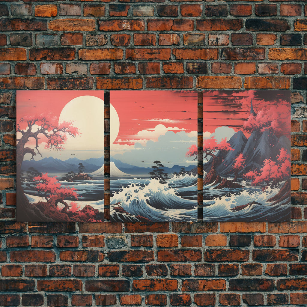 Japanese Ukiyo-e Mountains Sunset – 3-Piece Canvas Wall Art | NuevArt