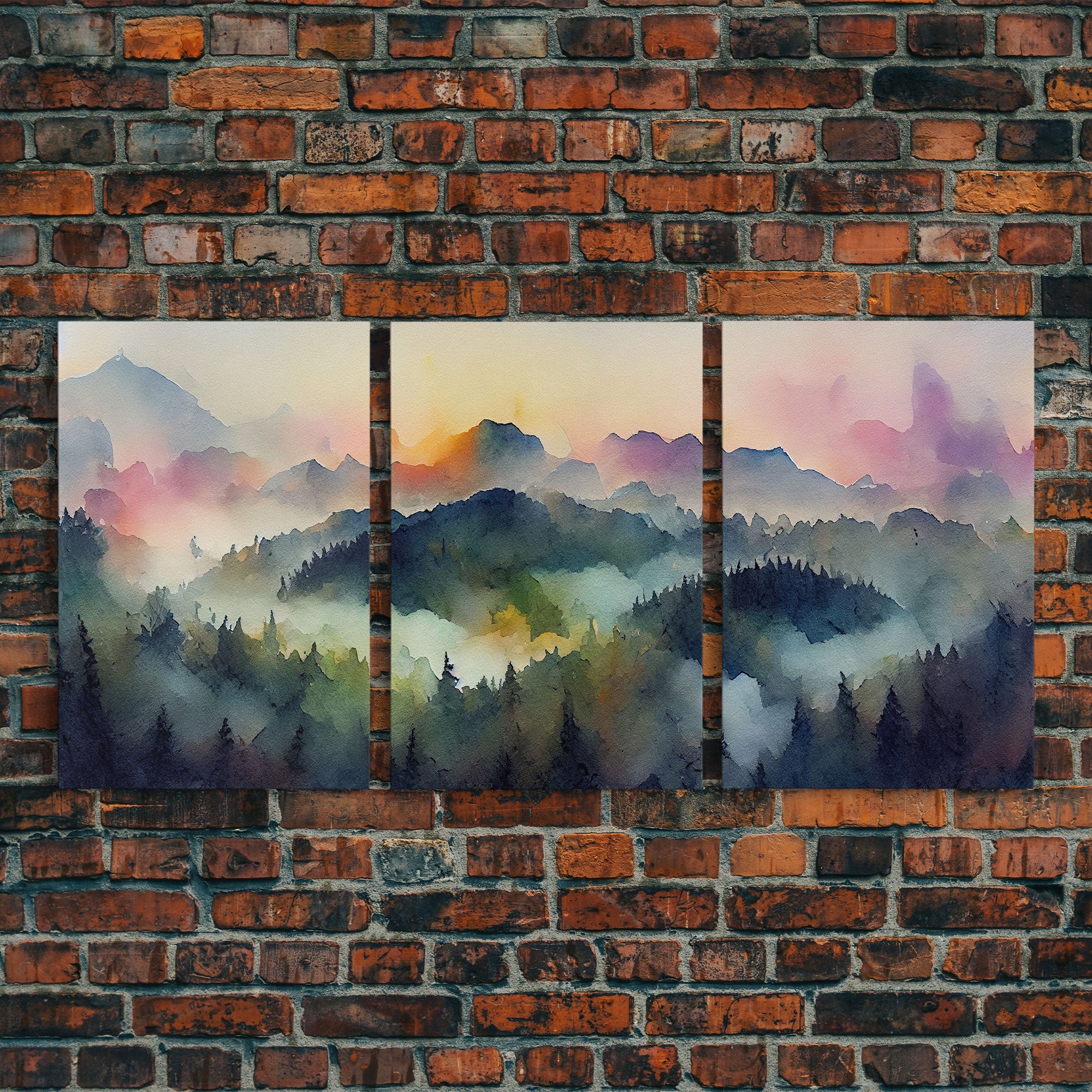 Dramatic Watercolor Sunset Landscape – 3-Piece Canvas Wall Art | NuevArt