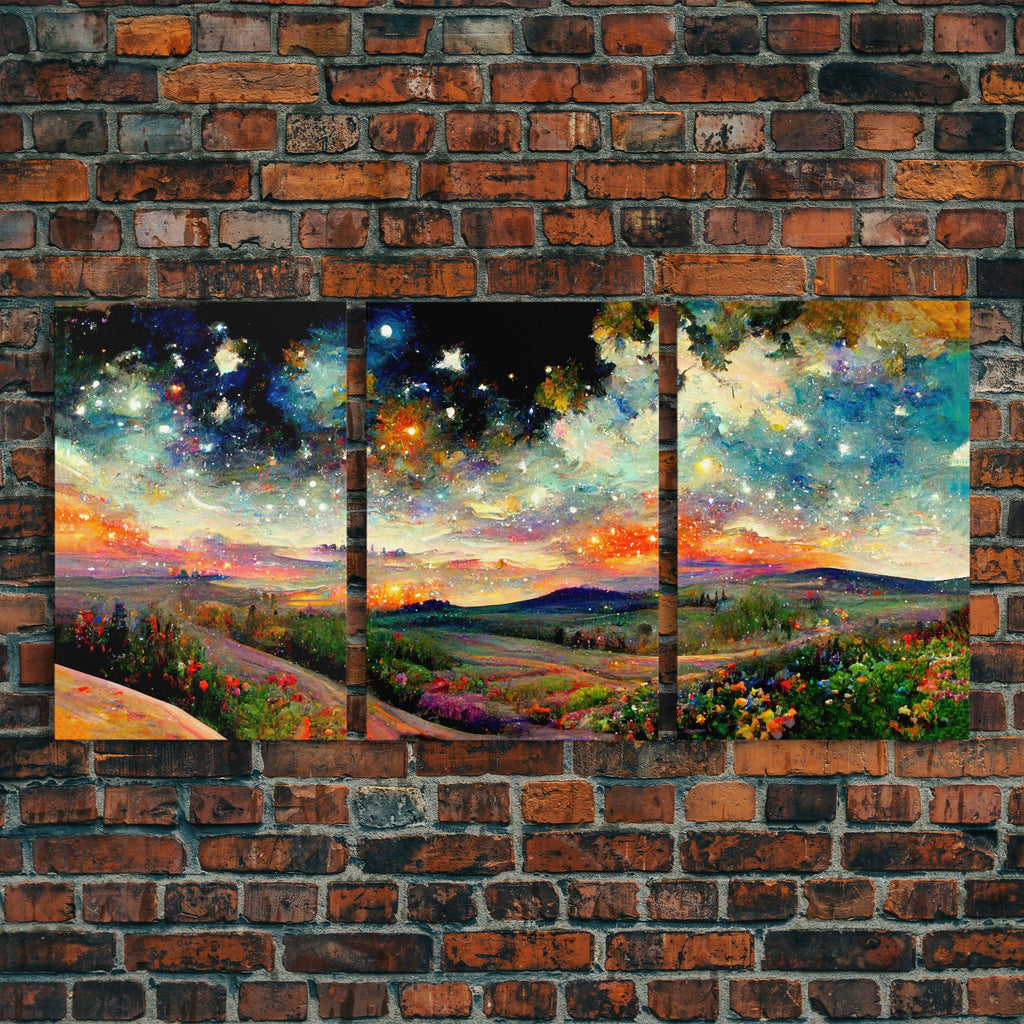 Colorful Night Starry Sky Landscape – 3-Piece Canvas Wall Art | NuevArt