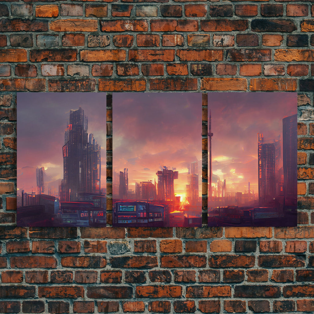 Cyberpunk City Night Watercolor – 3-Piece Canvas Wall Art | NuevArt