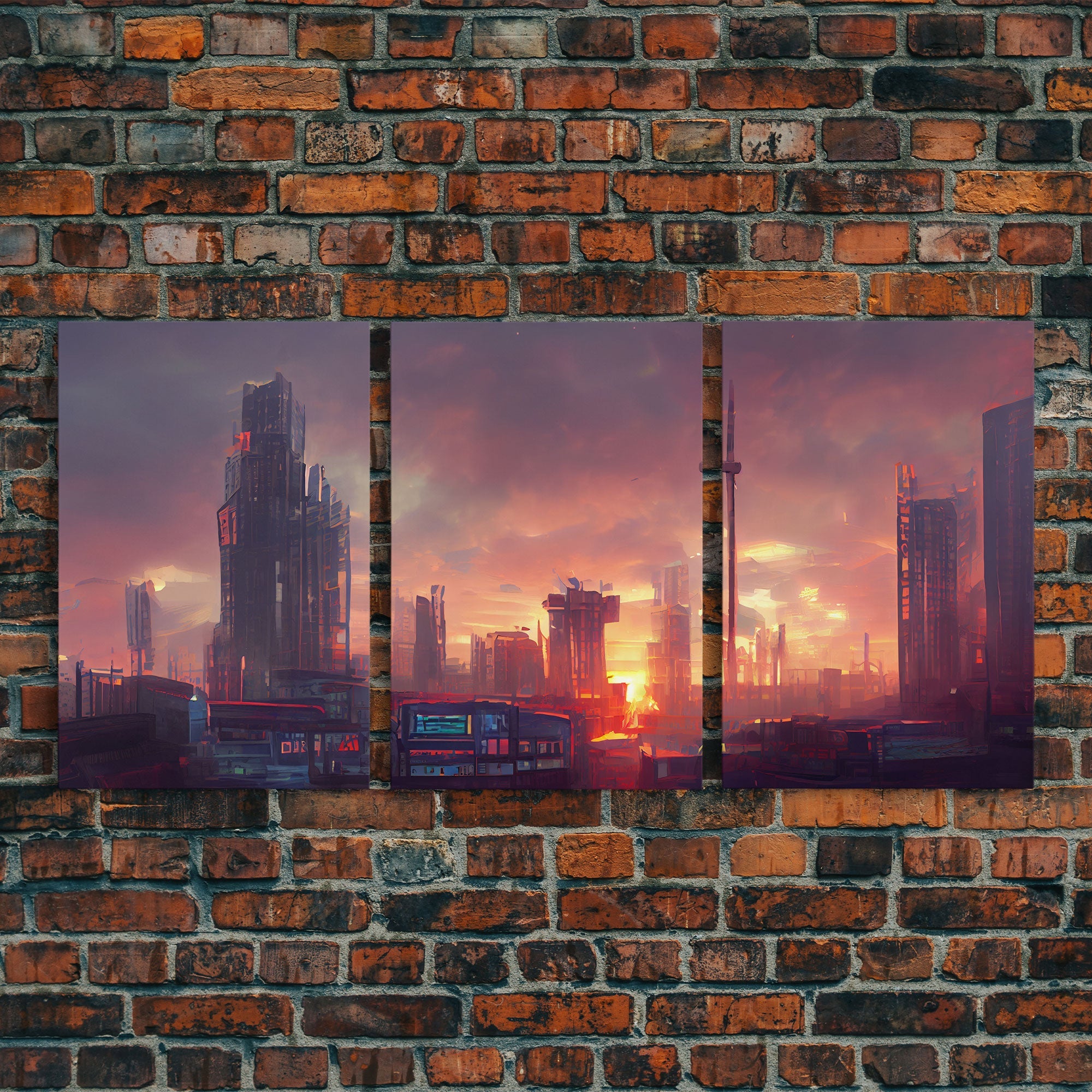 Cyberpunk City Night Watercolor – 3-Piece Canvas Wall Art | NuevArt