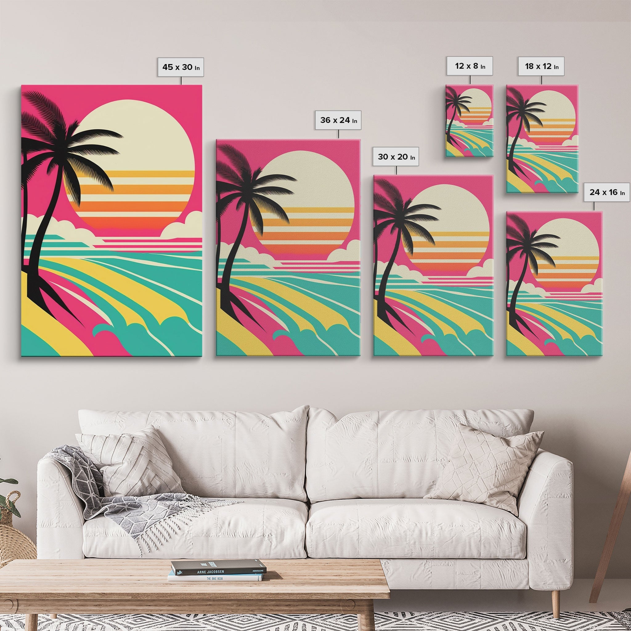 Turquoise Retro Beach Art – Palm Trees & Sunset 3-Panel Canvas | NuevArt