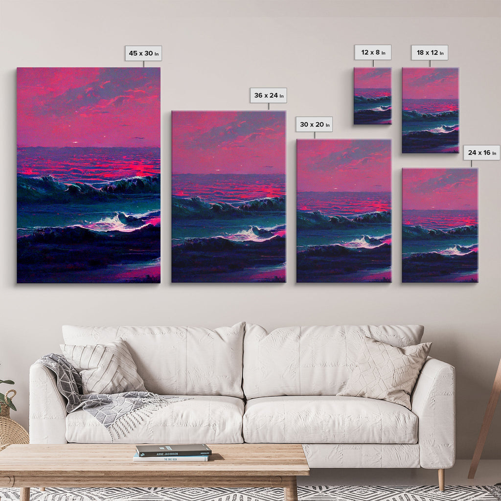 Outrun Synthwave Sunset Ocean Waves – 3-Piece Canvas Wall Art | NuevArt