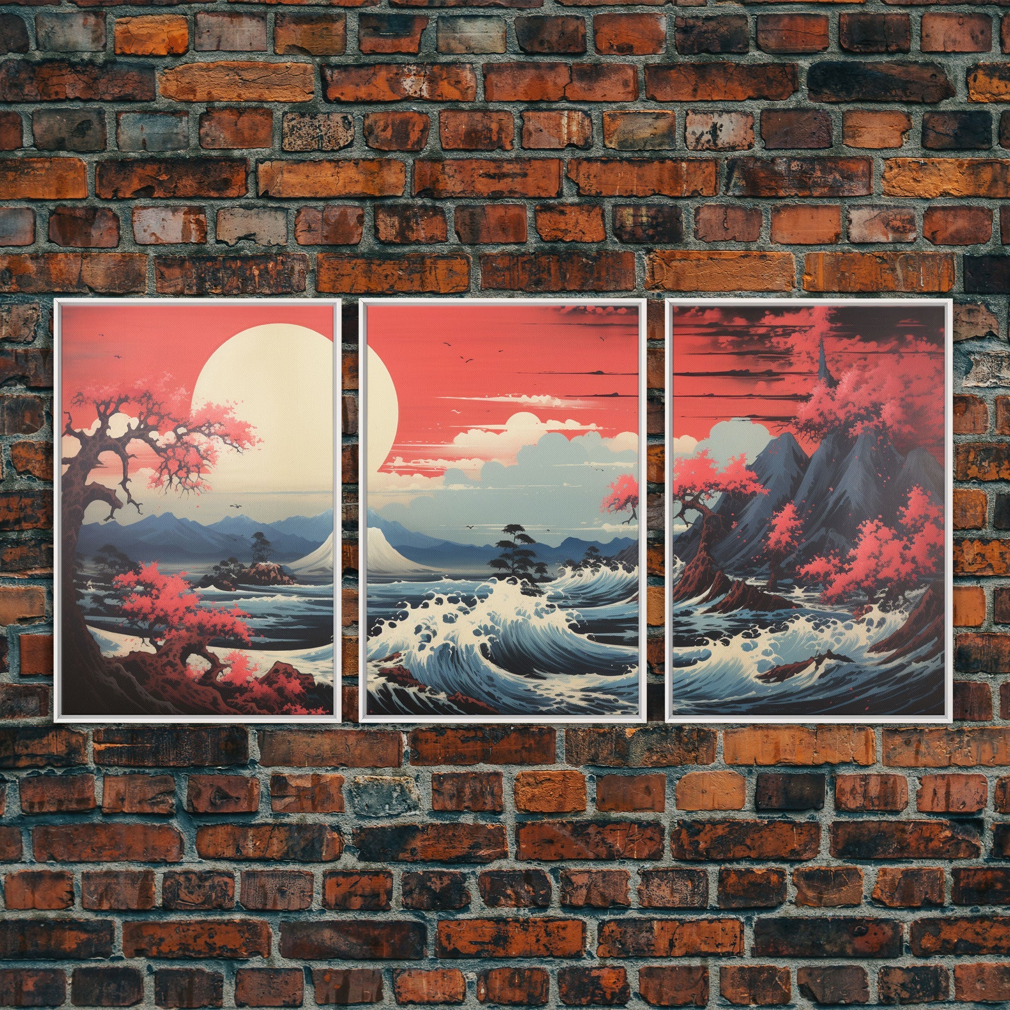 Japanese Ukiyo-e Mountains Sunset – 3-Piece Canvas Wall Art | NuevArt