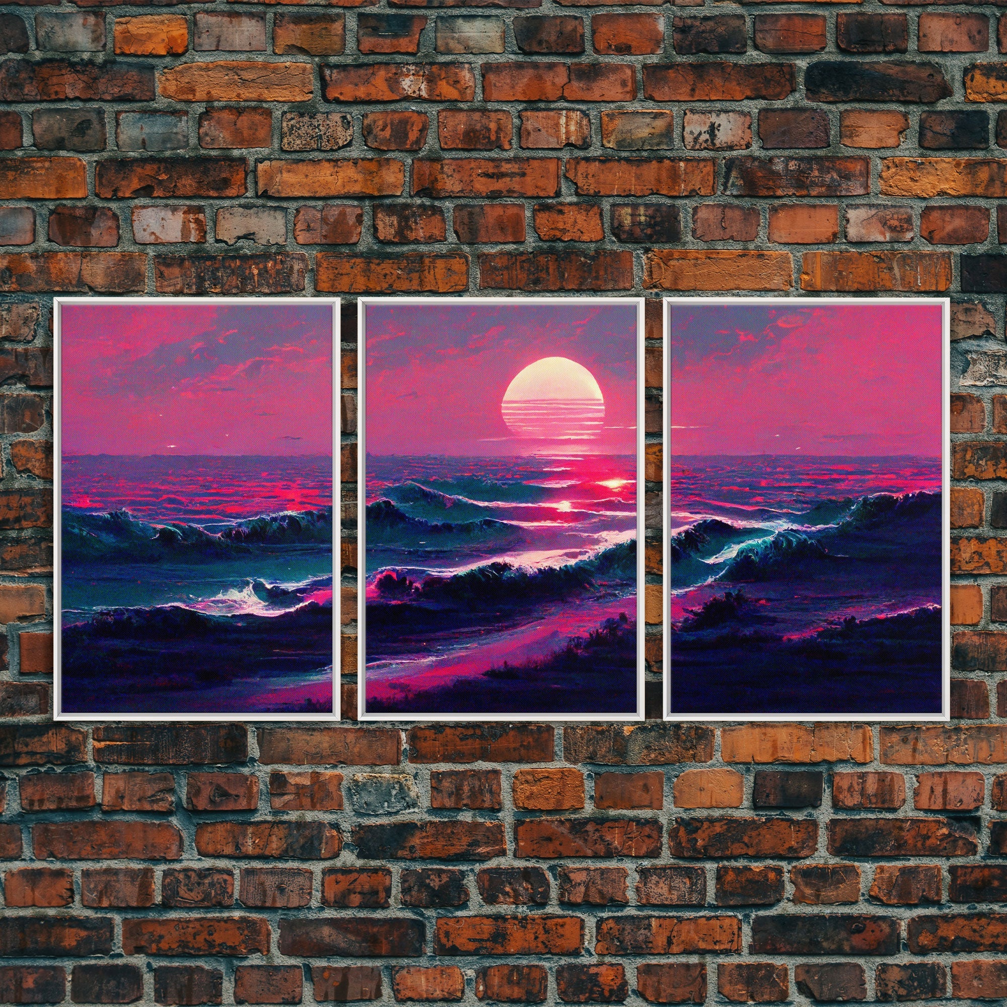 Outrun Synthwave Sunset Ocean Waves – 3-Piece Canvas Wall Art | NuevArt