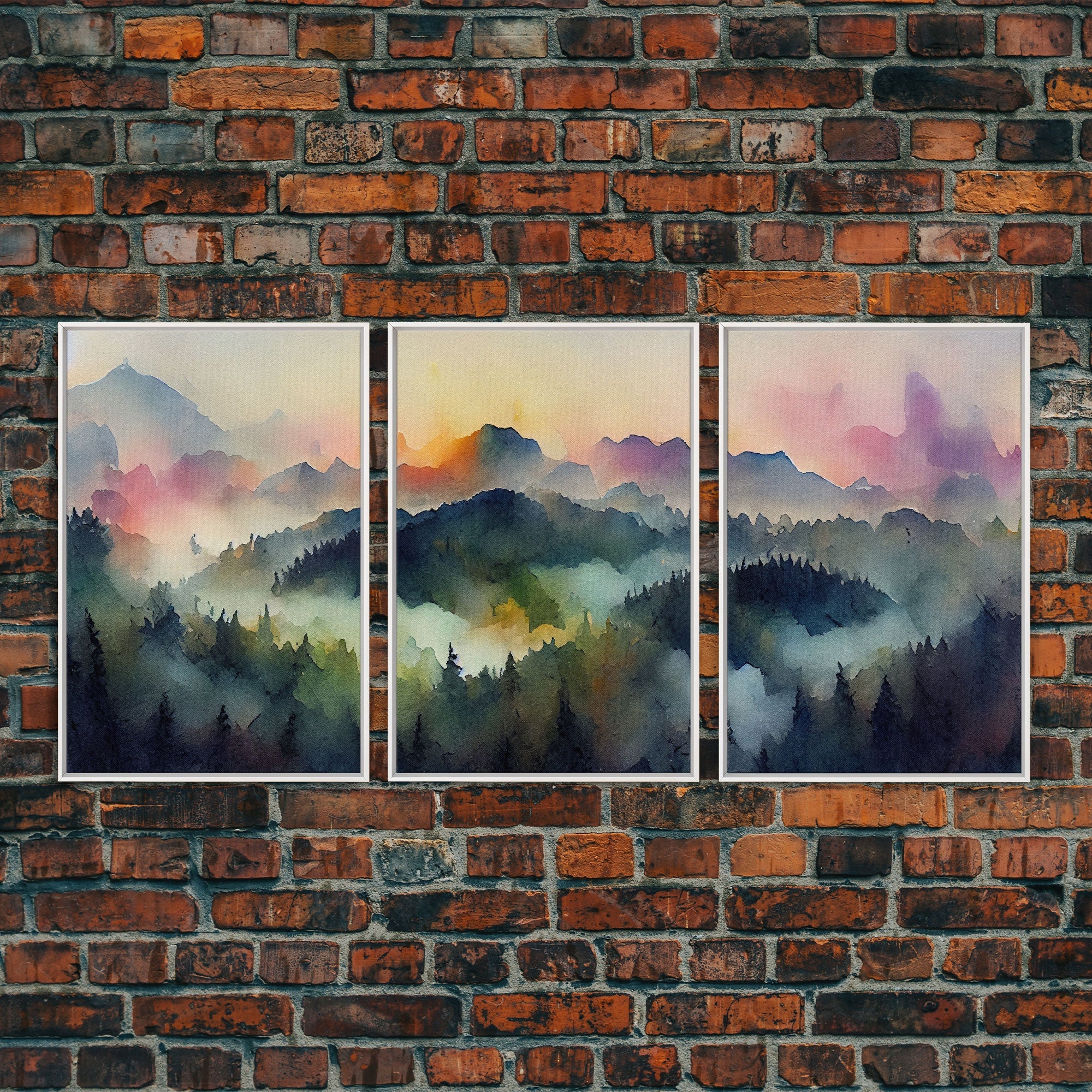 Dramatic Watercolor Sunset Landscape – 3-Piece Canvas Wall Art | NuevArt
