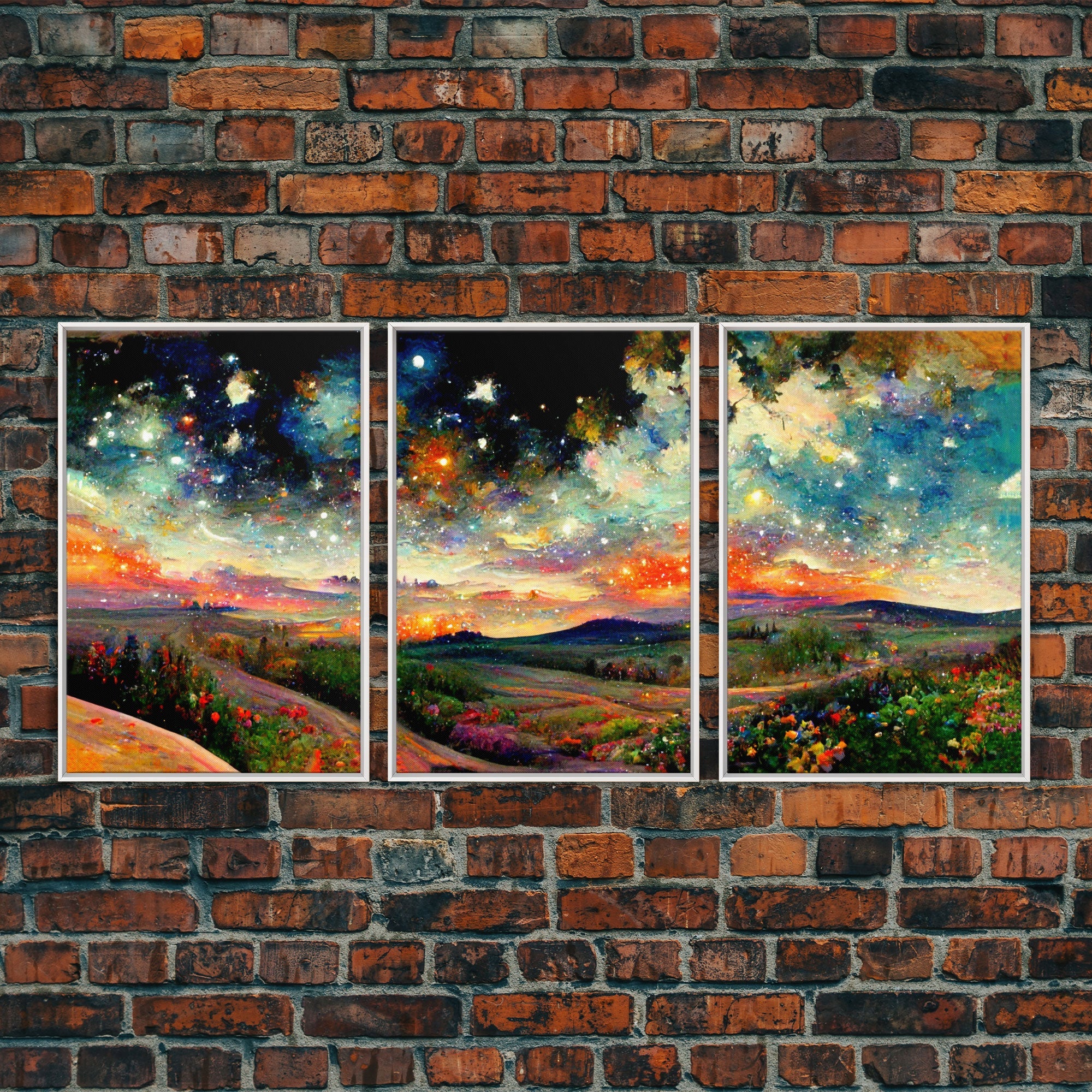 Colorful Night Starry Sky Landscape – 3-Piece Canvas Wall Art | NuevArt