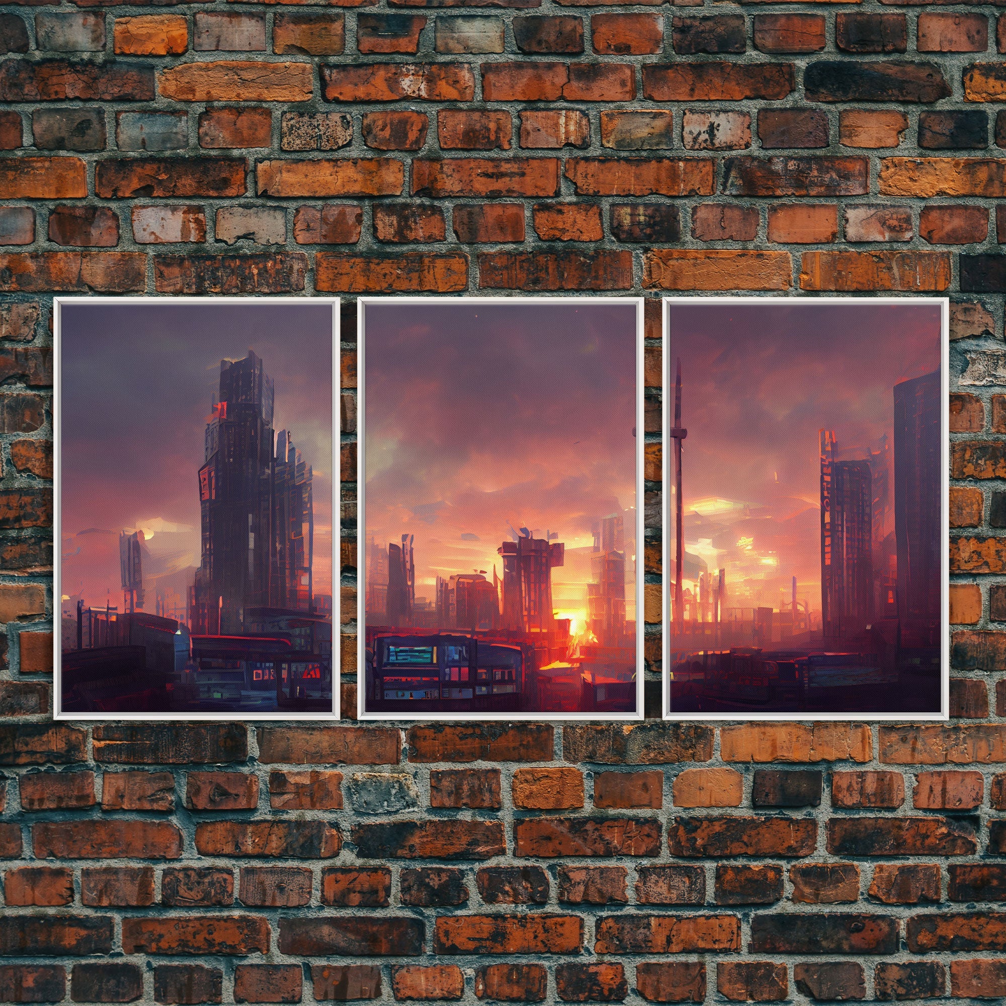 Cyberpunk City Night Watercolor – 3-Piece Canvas Wall Art | NuevArt