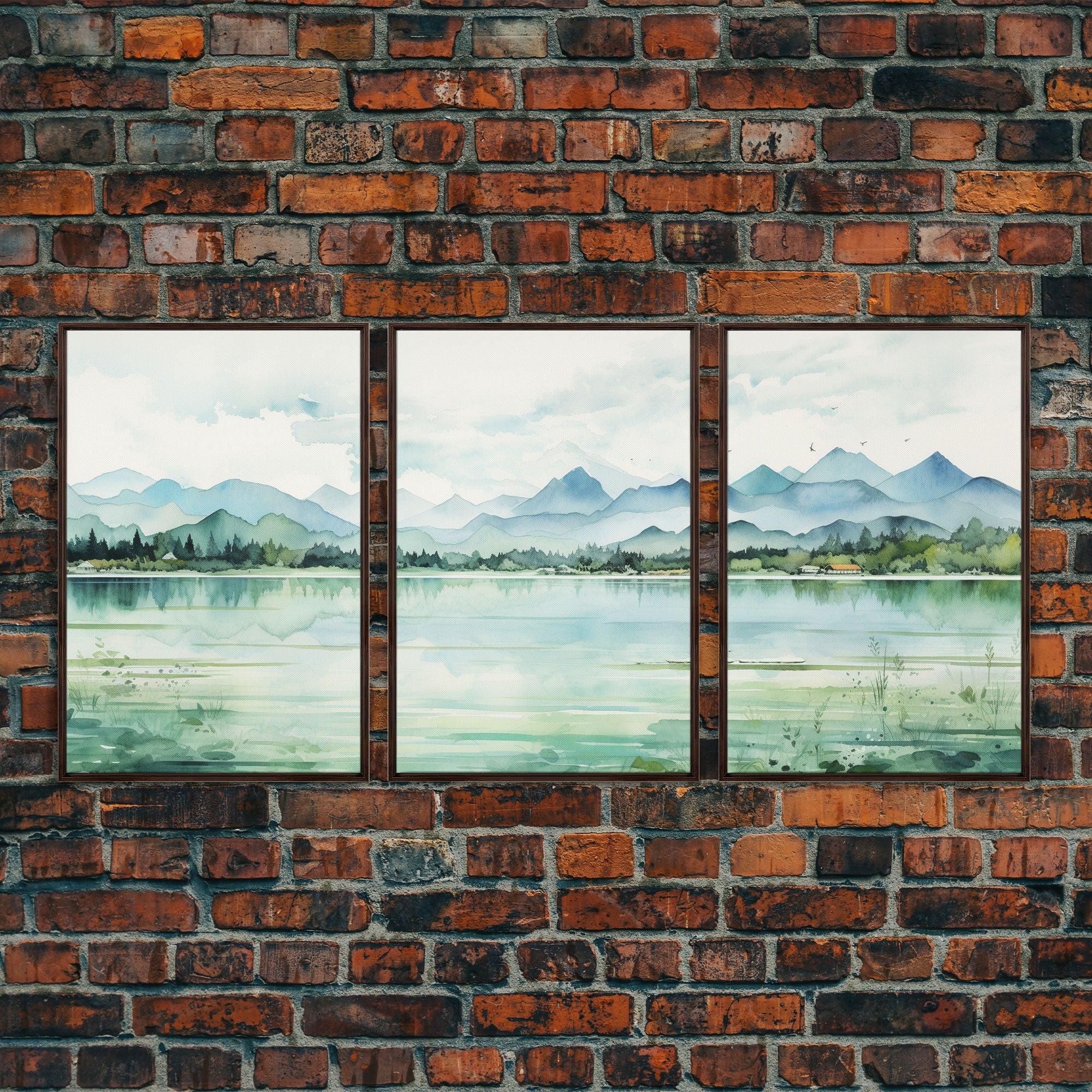 Mint Green Forest Mountain Landscape – 3-Piece Canvas Wall Art | NuevArt