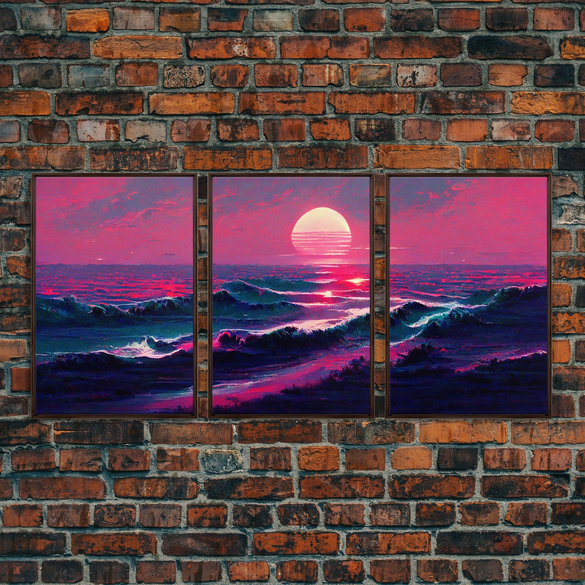 Outrun Synthwave Sunset Ocean Waves – 3-Piece Canvas Wall Art | NuevArt