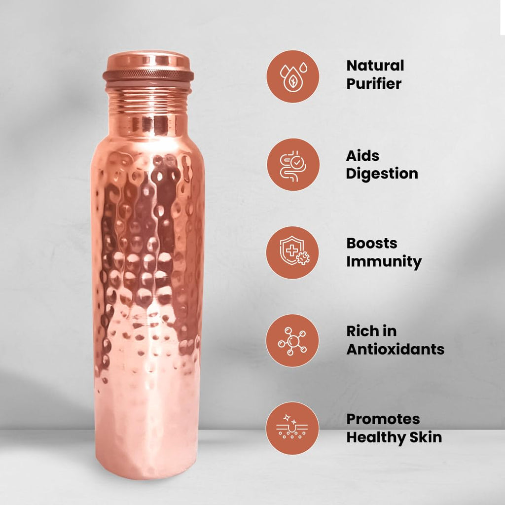 Pure Copper Drinking Water Bottle 30 oz — Hammered Ayurvedic Vessel