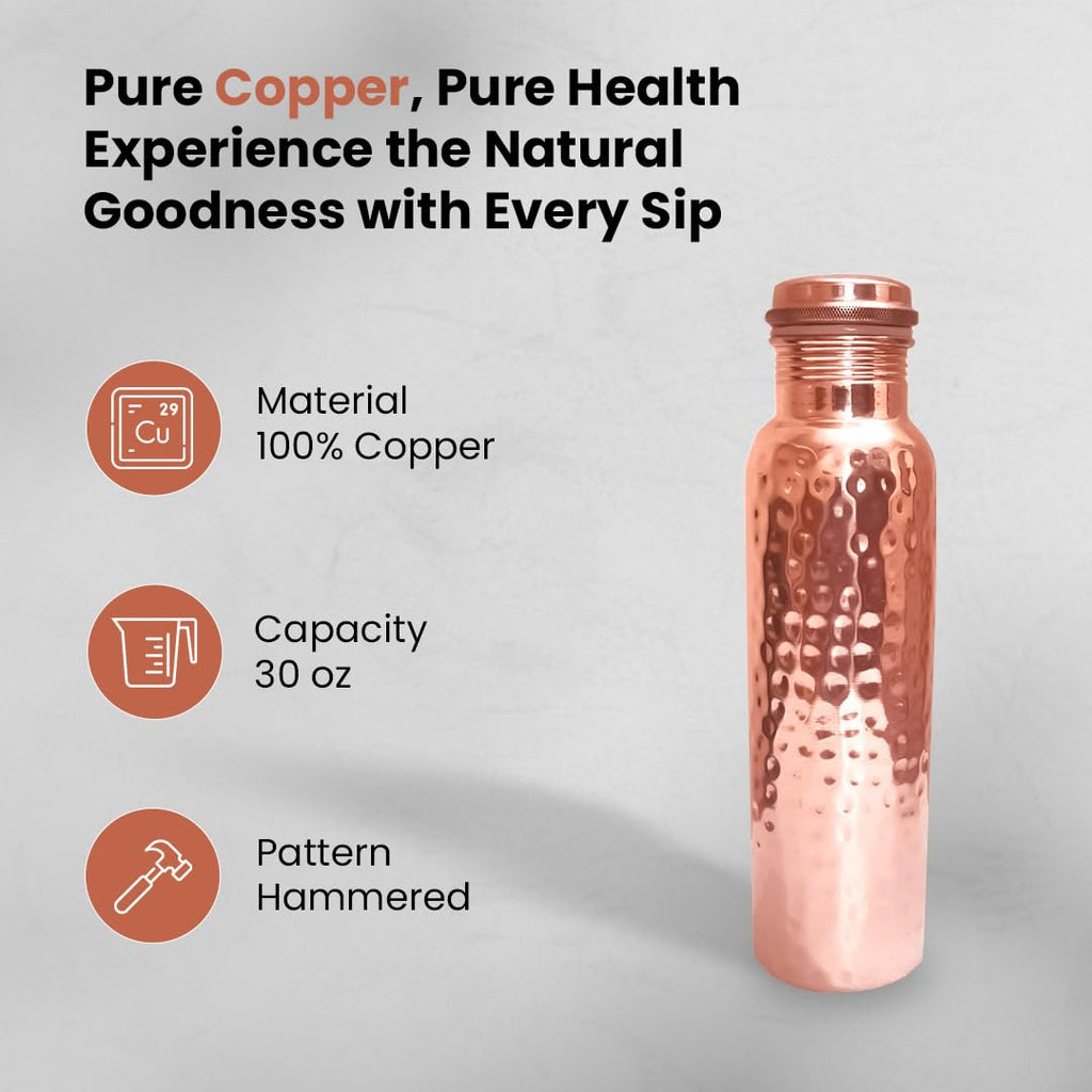 Pure Copper Drinking Water Bottle 30 oz — Hammered Ayurvedic Vessel