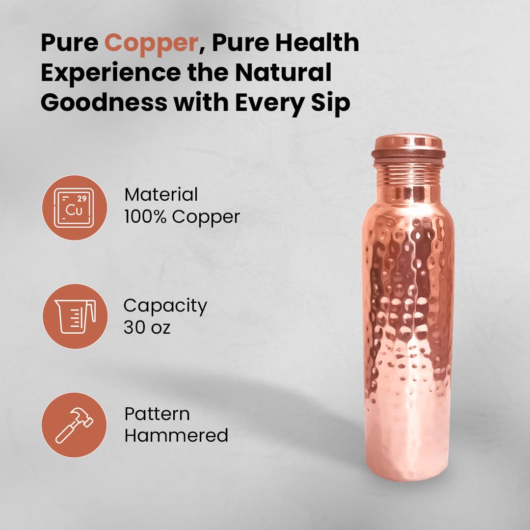 Pure Copper Drinking Water Bottle 30 oz — Hammered Ayurvedic Vessel
