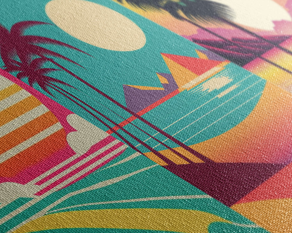 Turquoise Retro Beach Art – Palm Trees & Sunset 3-Panel Canvas | NuevArt