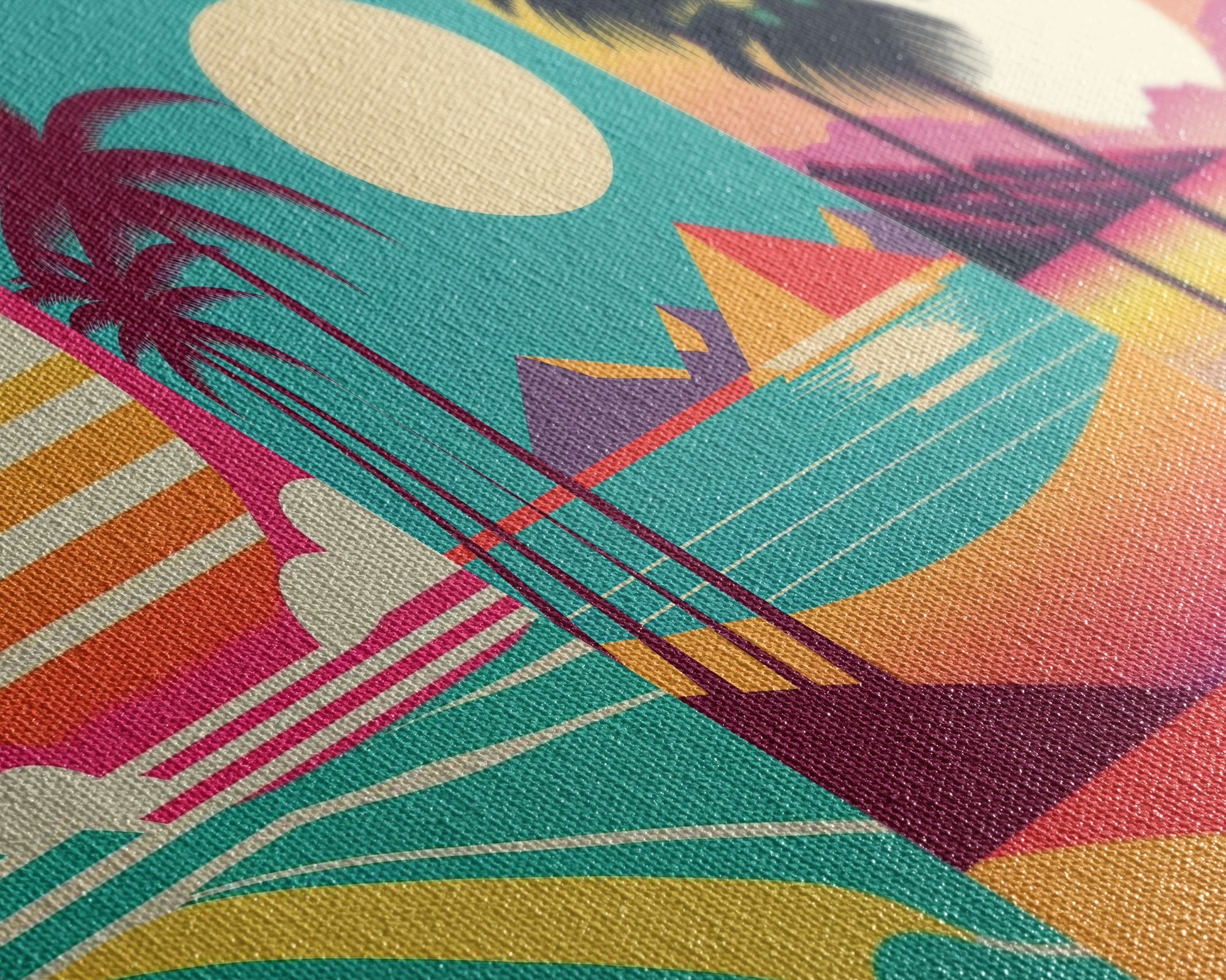 Turquoise Retro Beach Art – Palm Trees & Sunset 3-Panel Canvas | NuevArt