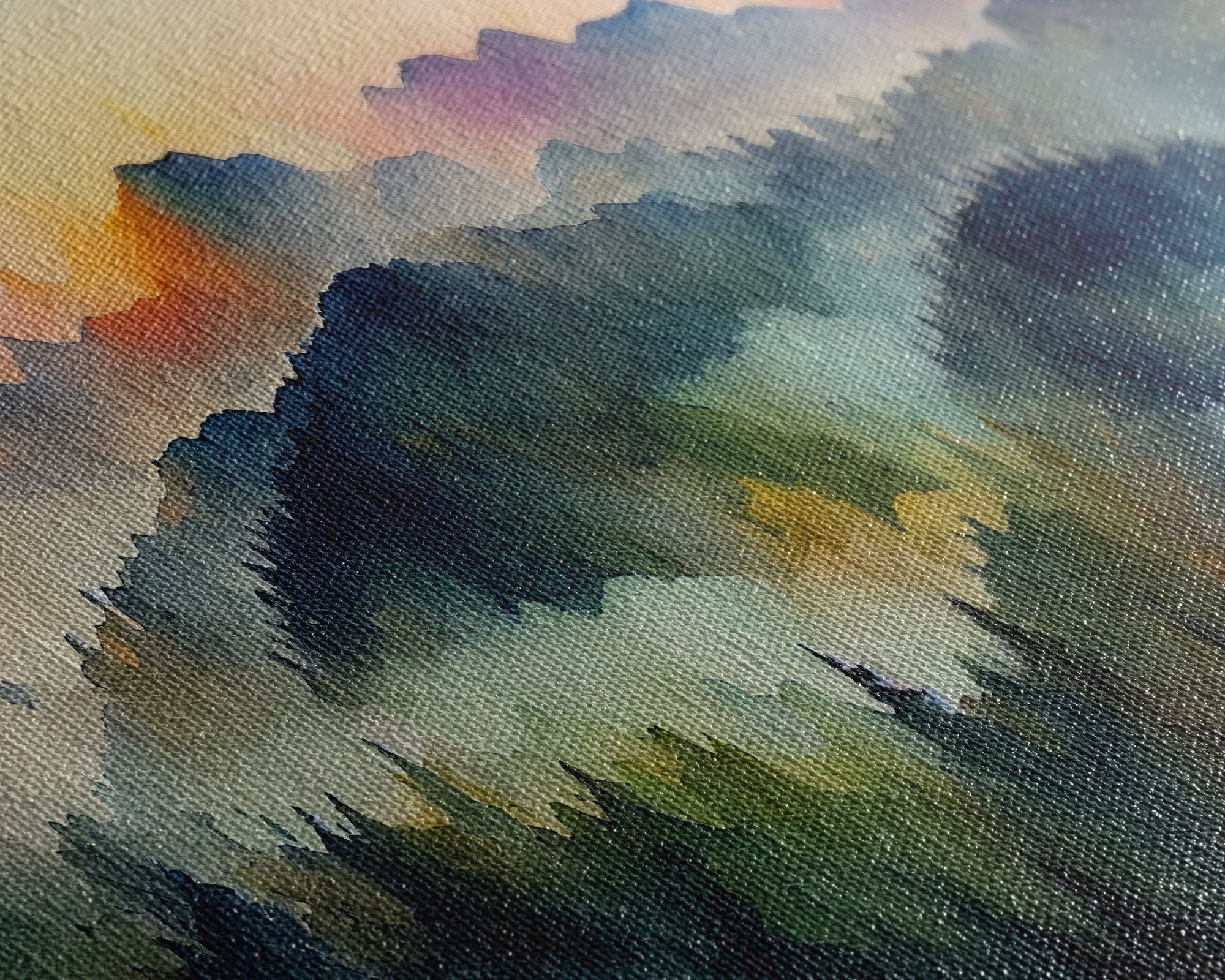 Dramatic Watercolor Sunset Landscape – 3-Piece Canvas Wall Art | NuevArt