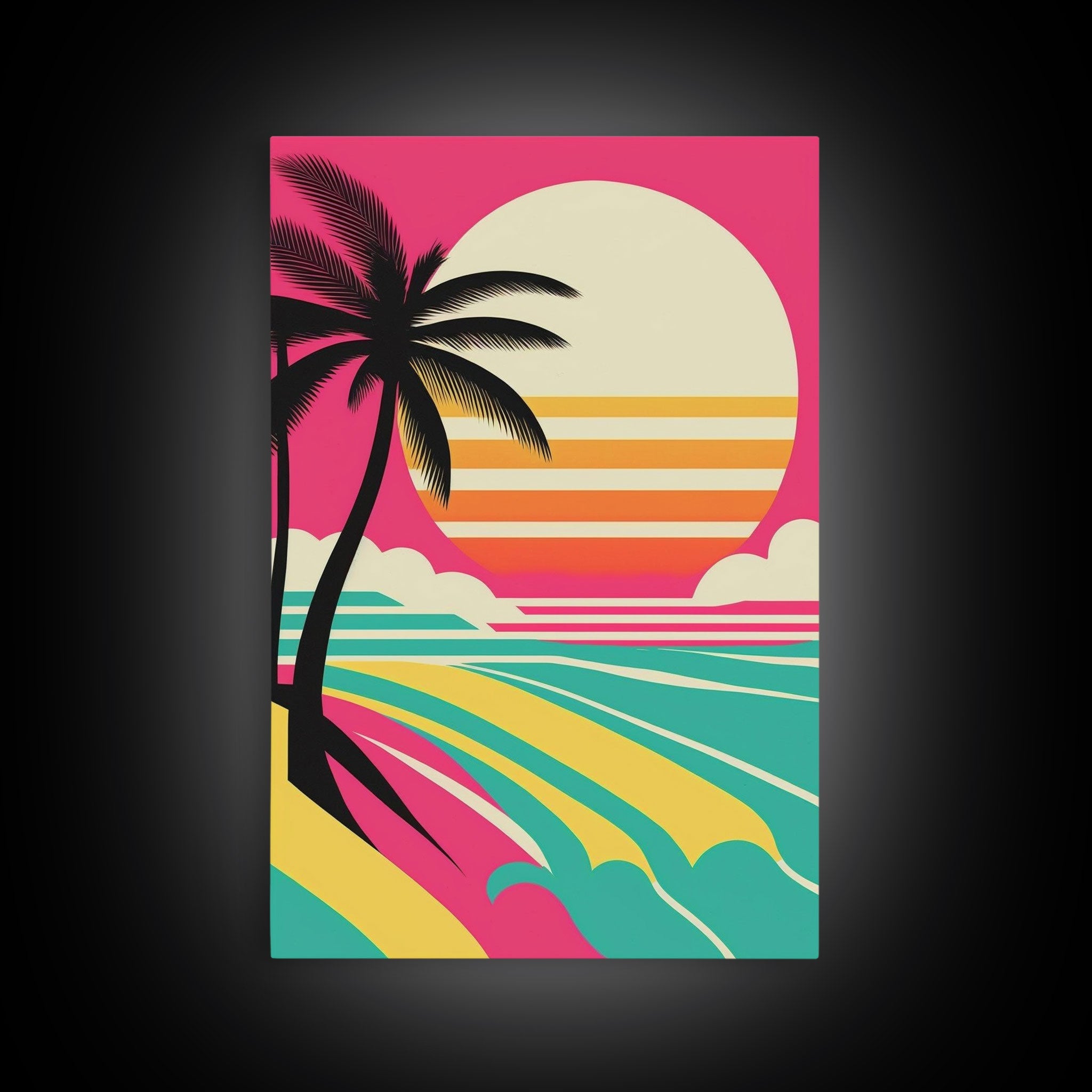 Turquoise Retro Beach Art – Palm Trees & Sunset 3-Panel Canvas | NuevArt