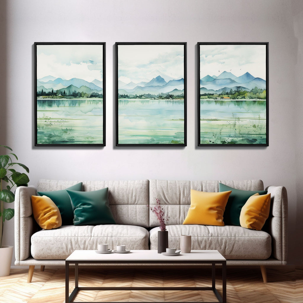 Mint Green Forest Mountain Landscape – 3-Piece Canvas Wall Art | NuevArt