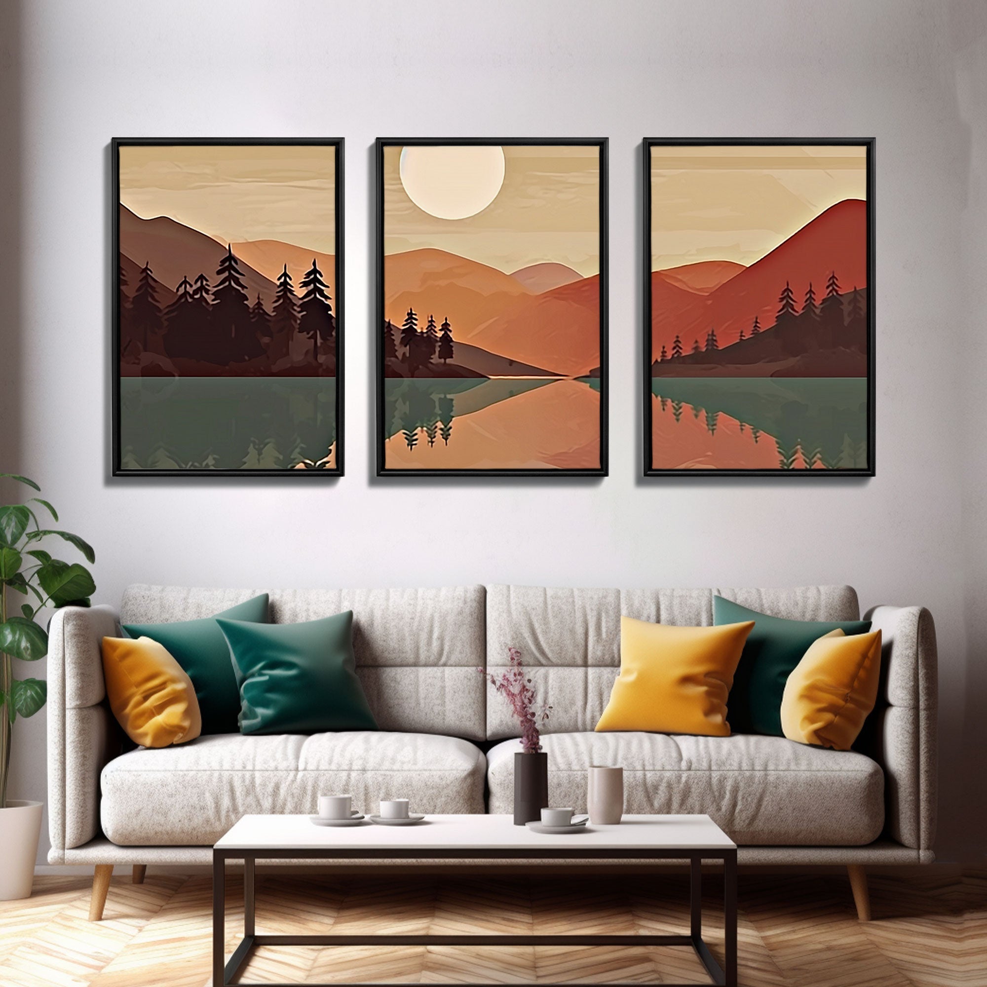 Pacific Northwest Sunset – Boho Forest 3-Panel Canvas Wall Art | NuevArt
