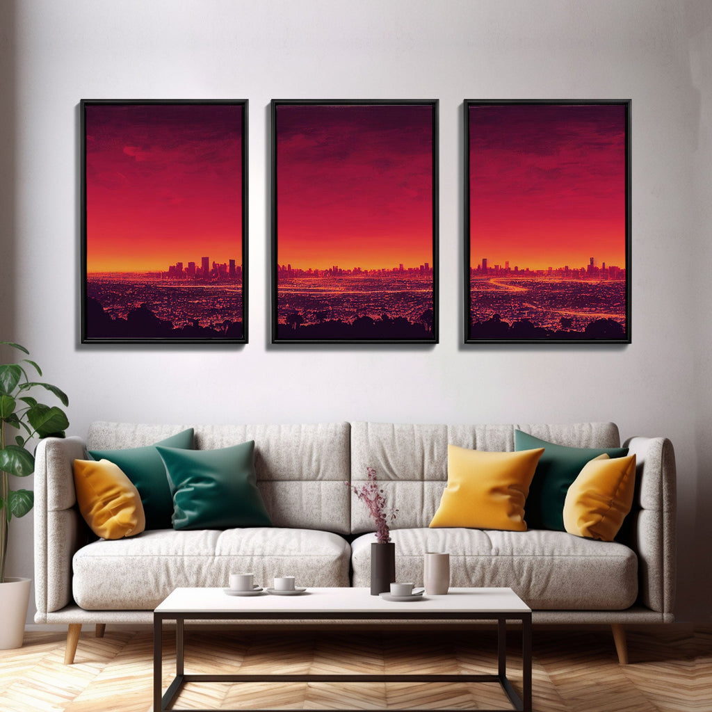 Los Angeles on Fire – Abstract City Skyline 3-Piece Canvas Wall Art | NuevArt