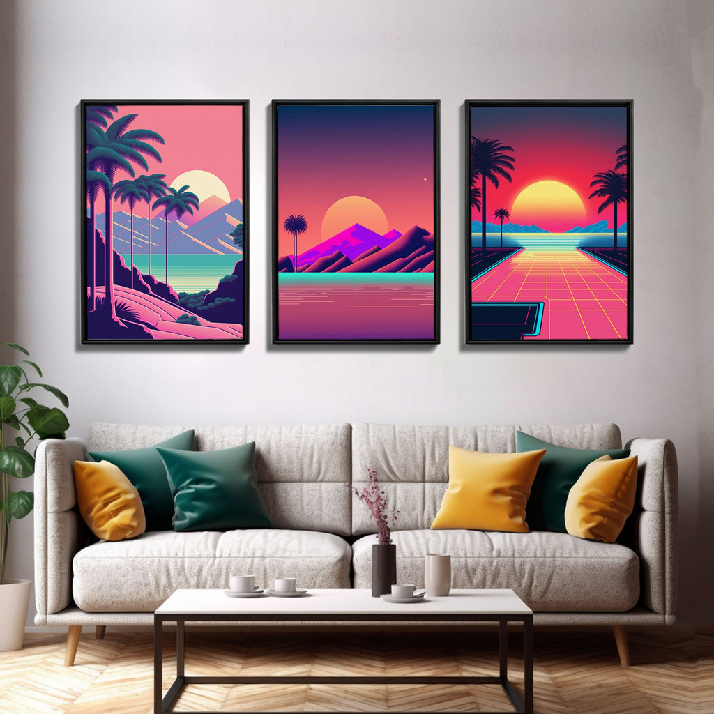 Retro 80s Synthwave Vaporwave – 3-Panel Canvas Wall Art | NuevArt