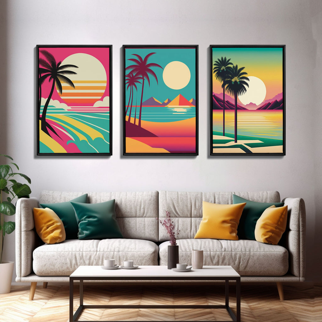 Turquoise Retro Beach Art – Palm Trees & Sunset 3-Panel Canvas | NuevArt