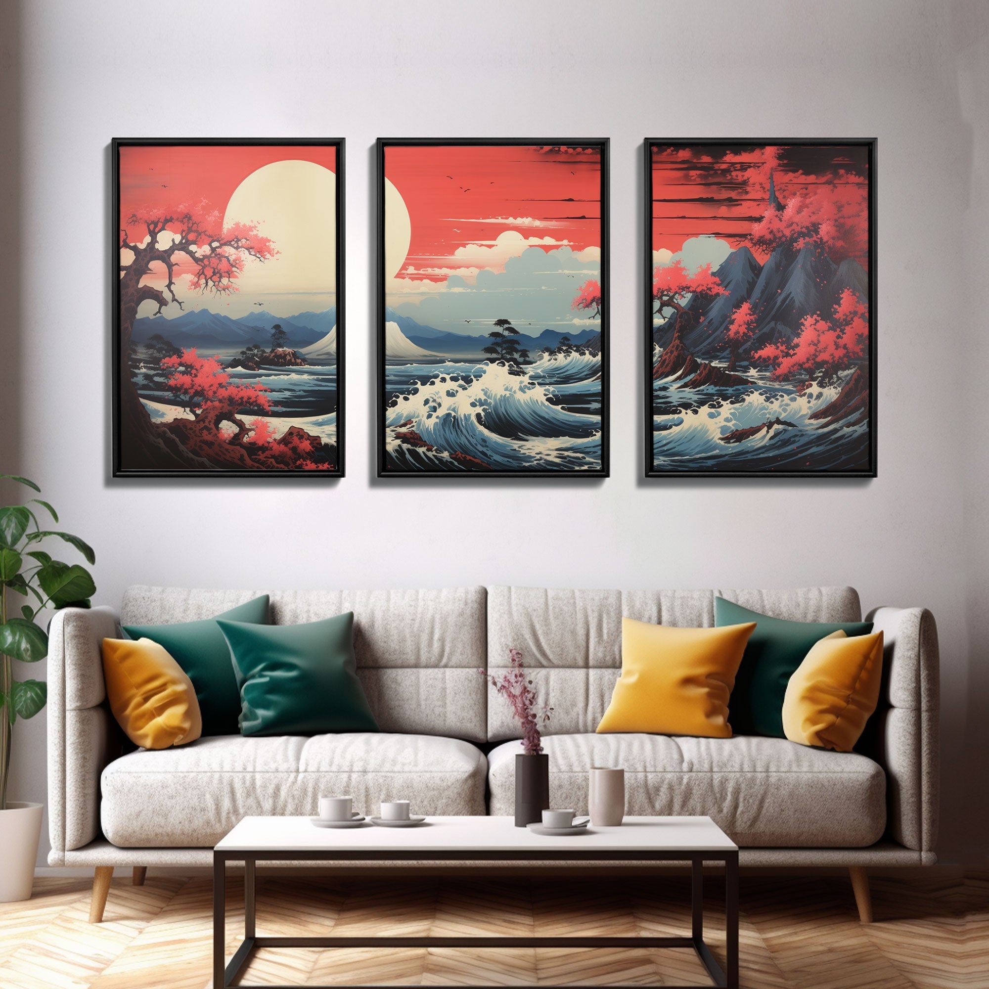 Japanese Ukiyo-e Mountains Sunset – 3-Piece Canvas Wall Art | NuevArt