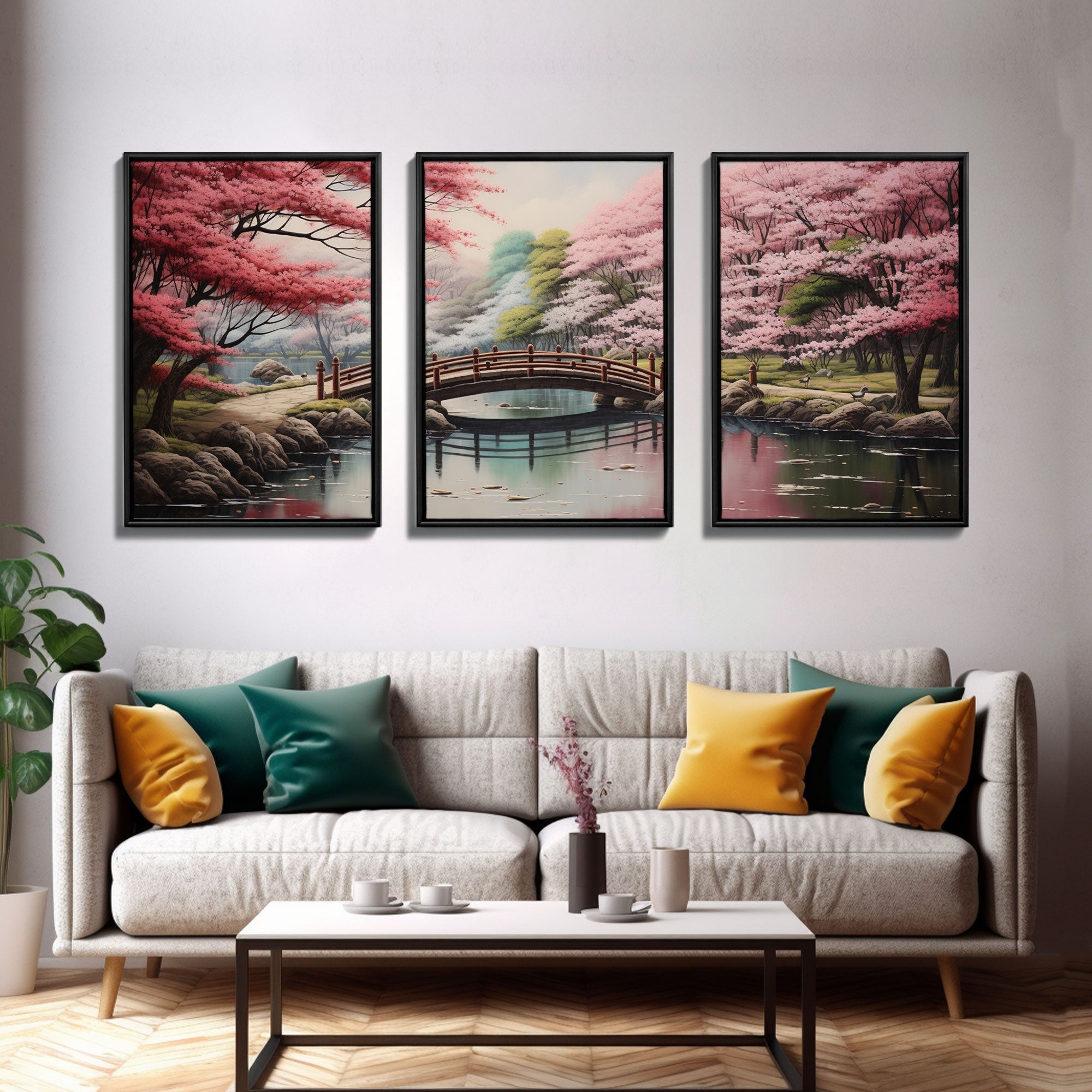 Japanese Cherry Blossom Landscape – 3-Piece Canvas Wall Art | NuevArt