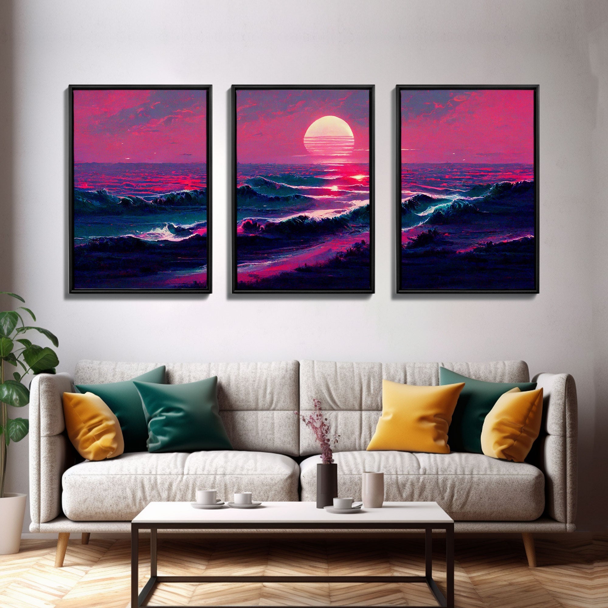 Outrun Synthwave Sunset Ocean Waves – 3-Piece Canvas Wall Art | NuevArt