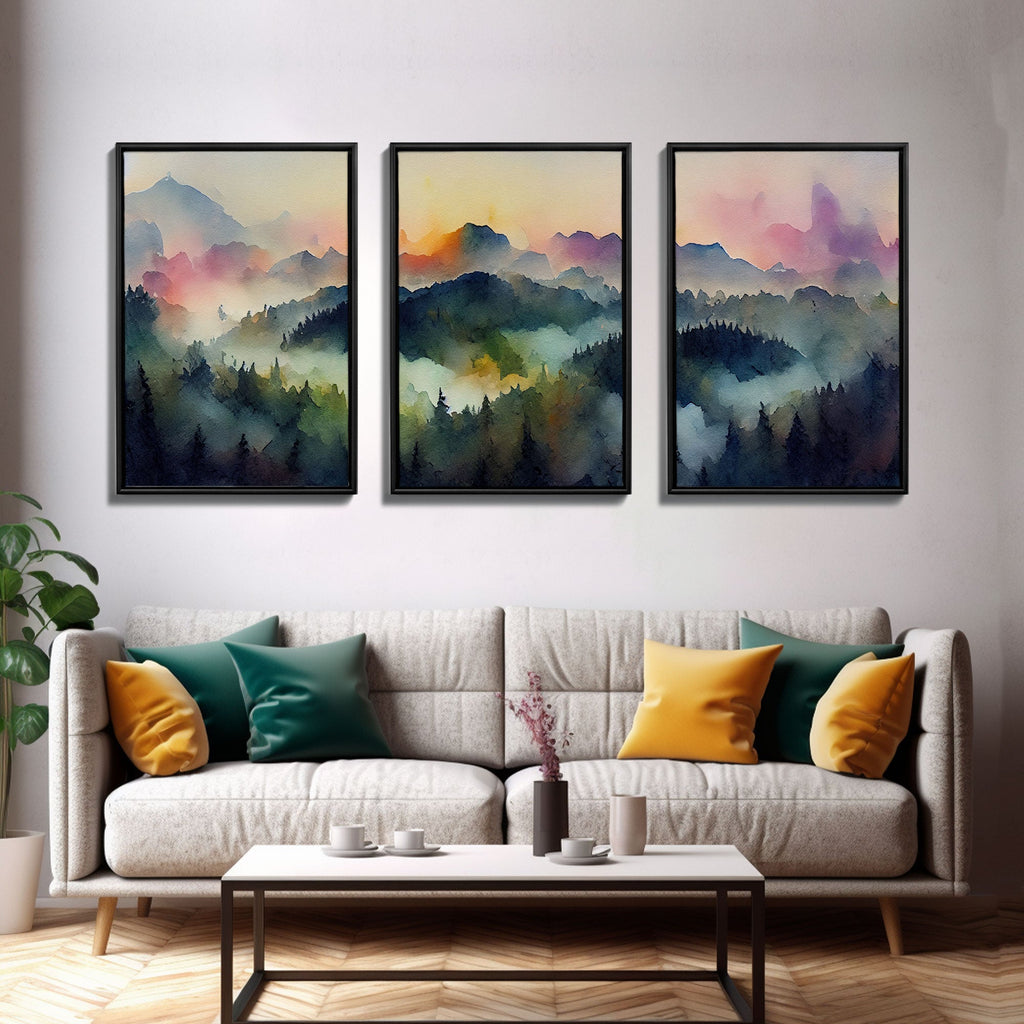 Dramatic Watercolor Sunset Landscape – 3-Piece Canvas Wall Art | NuevArt